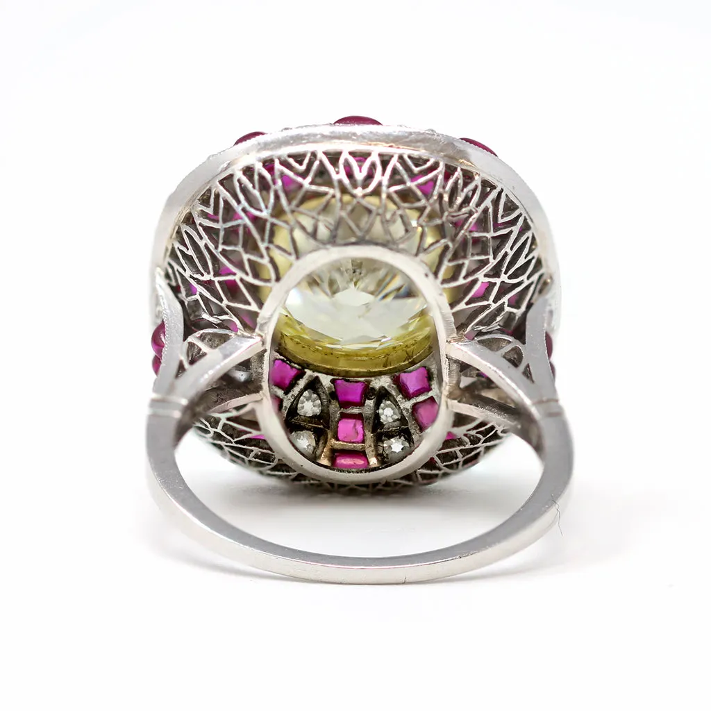 4.73 Carat Art Deco Revival GIA Fancy Yellow Cushion Diamond Ring