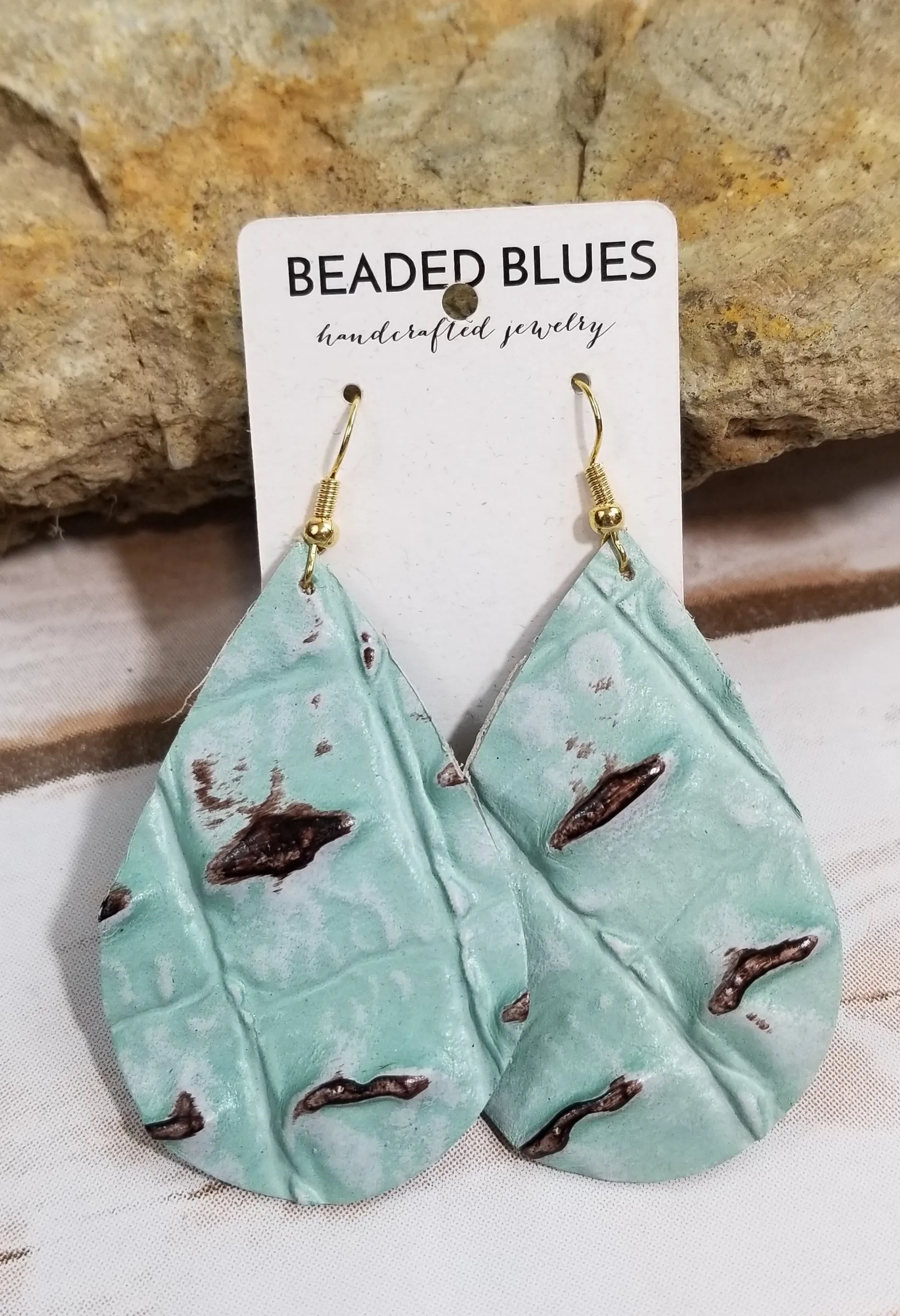 Aqua Bubble Textured w/ Brown Accents Teardrop Leather Earrings