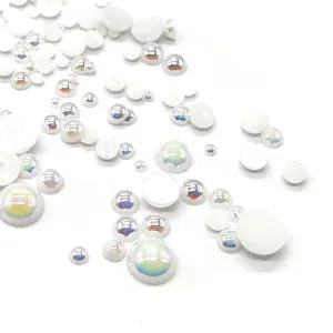 Assorted Mix Sizes (2mm to 10mm) Faux Round Shiny Pearls Flatback Cabochon, White AB