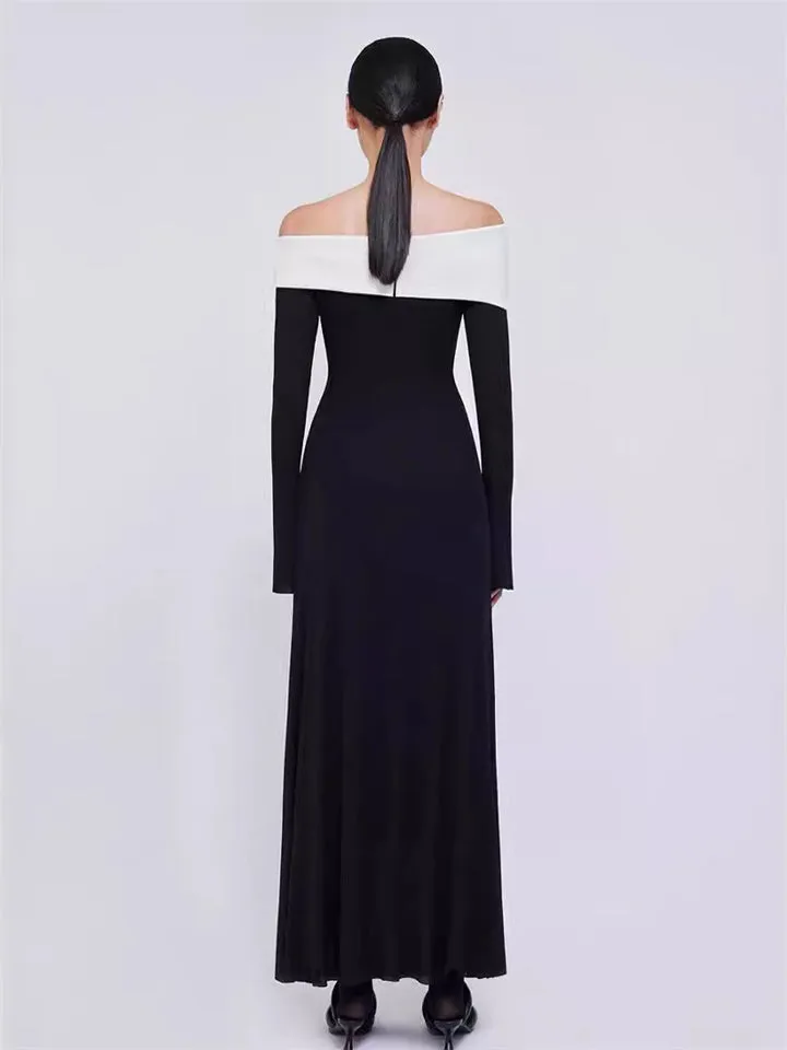 Black & White Off Shoulder Long Dress for Women