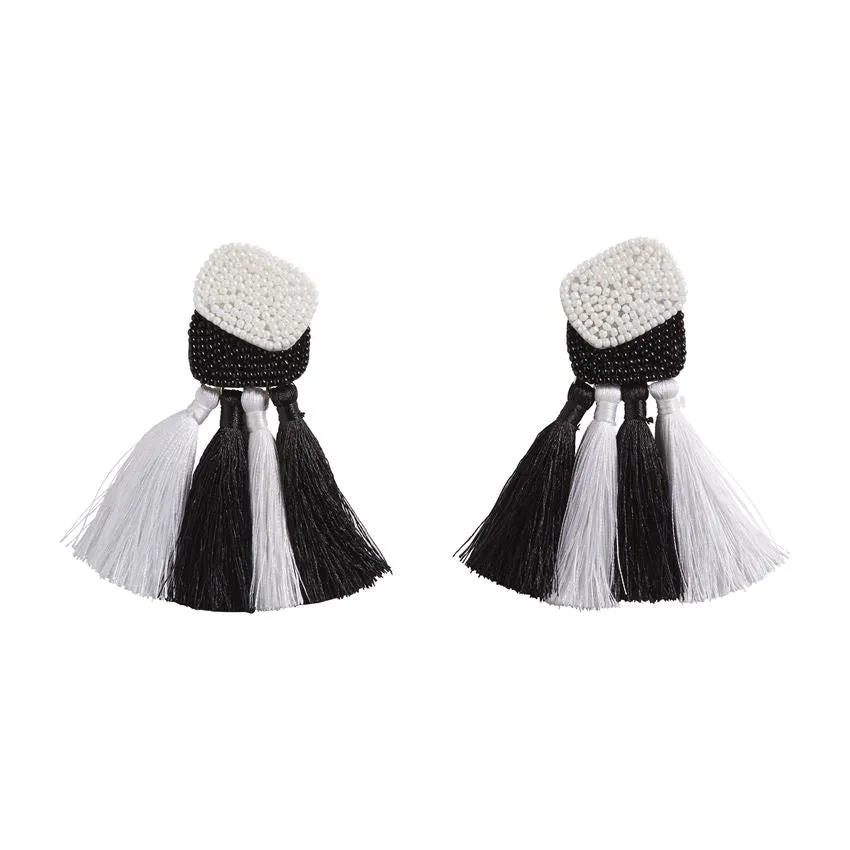 Black Beaded Tassel Earrings