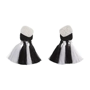 Black Beaded Tassel Earrings