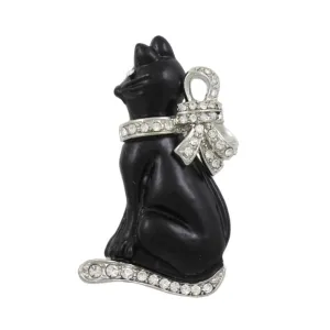 Black Cat with Large Silver-tone Crystal Bow Brooch Pin - PRC802