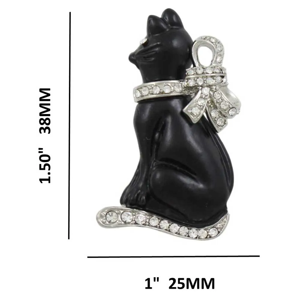 Black Cat with Large Silver-tone Crystal Bow Brooch Pin - PRC802