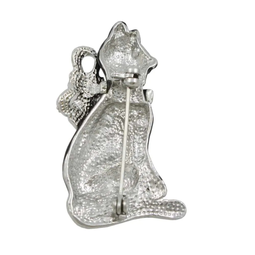 Black Cat with Large Silver-tone Crystal Bow Brooch Pin - PRC802