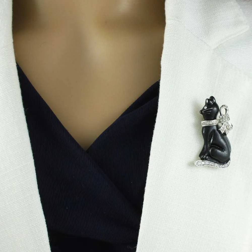 Black Cat with Large Silver-tone Crystal Bow Brooch Pin - PRC802