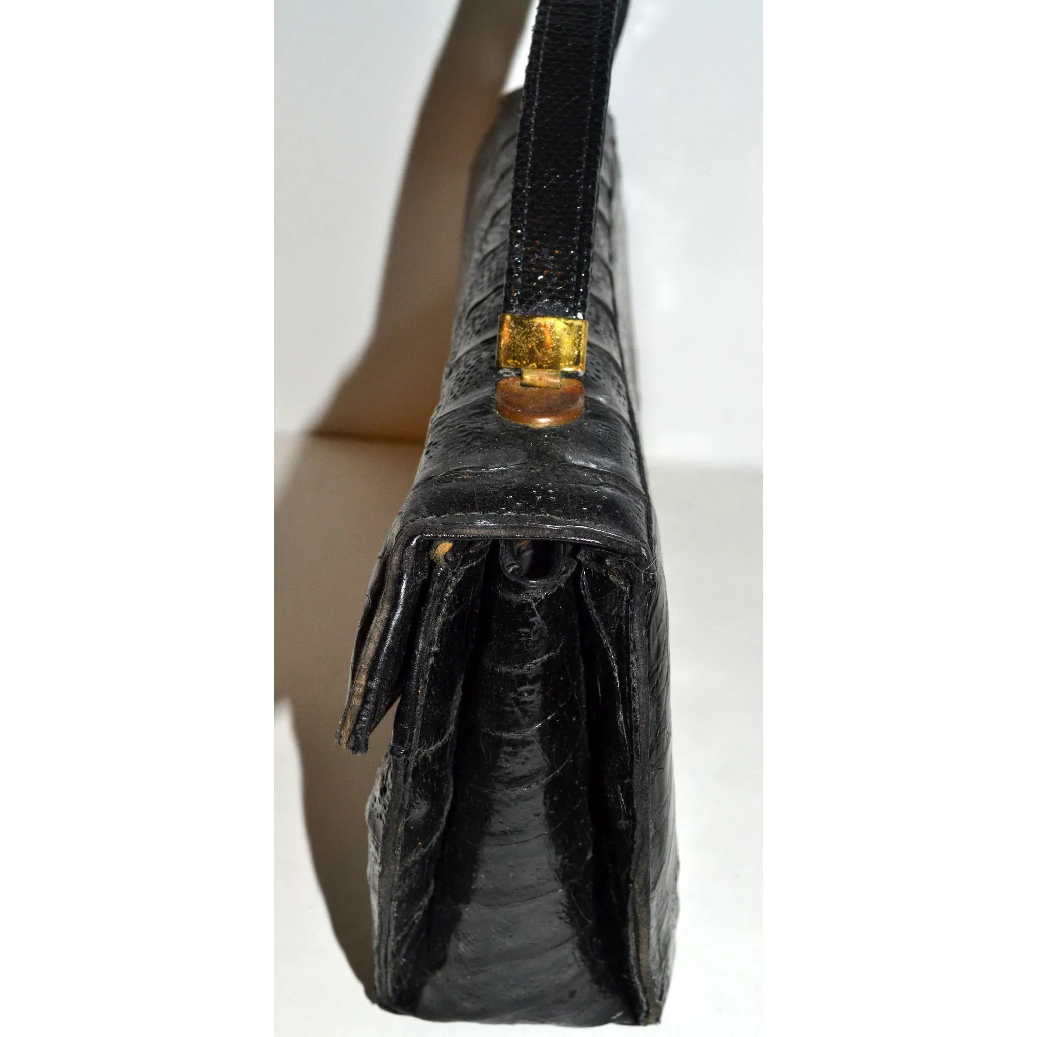 Black Curved Genuine Alligator Purse