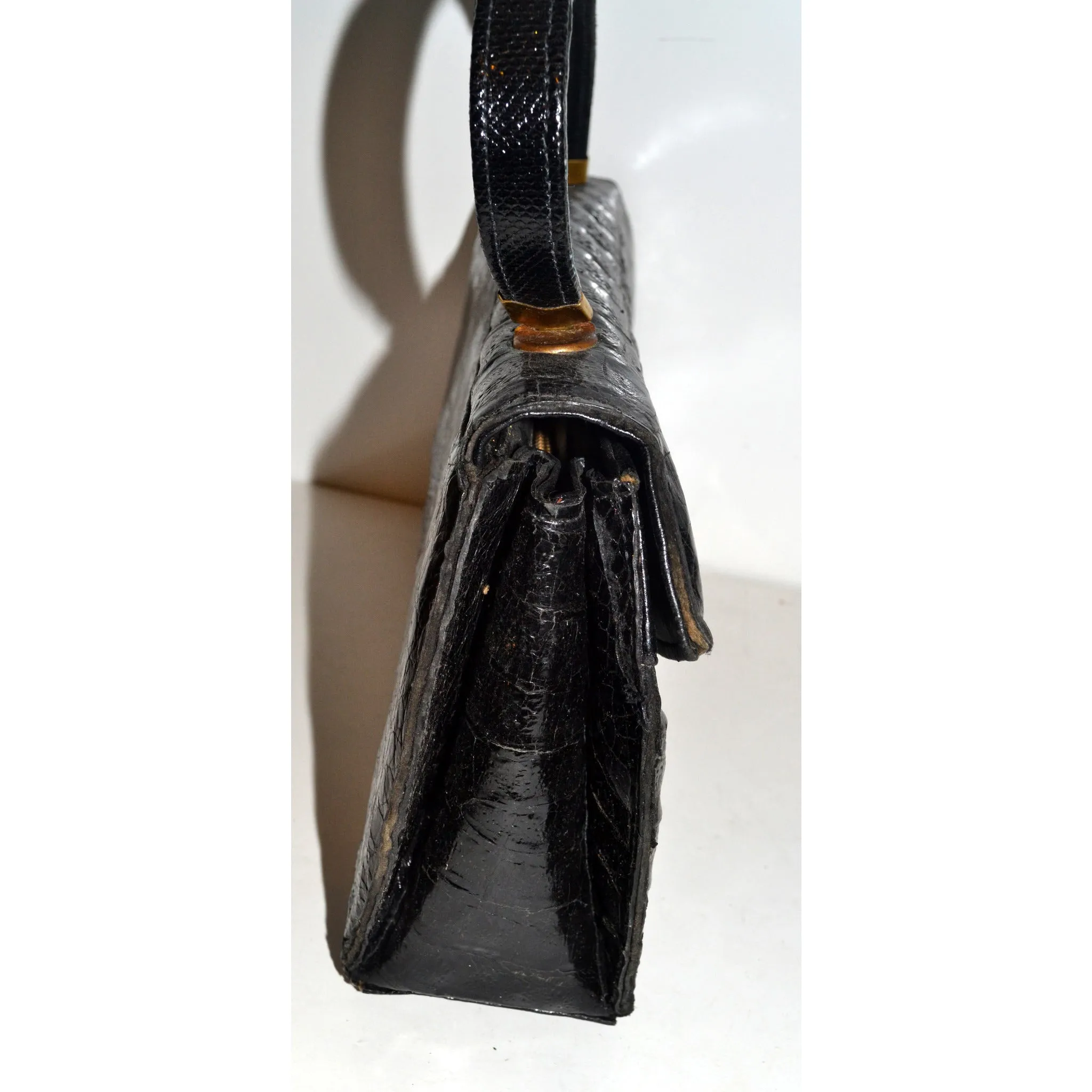 Black Curved Genuine Alligator Purse
