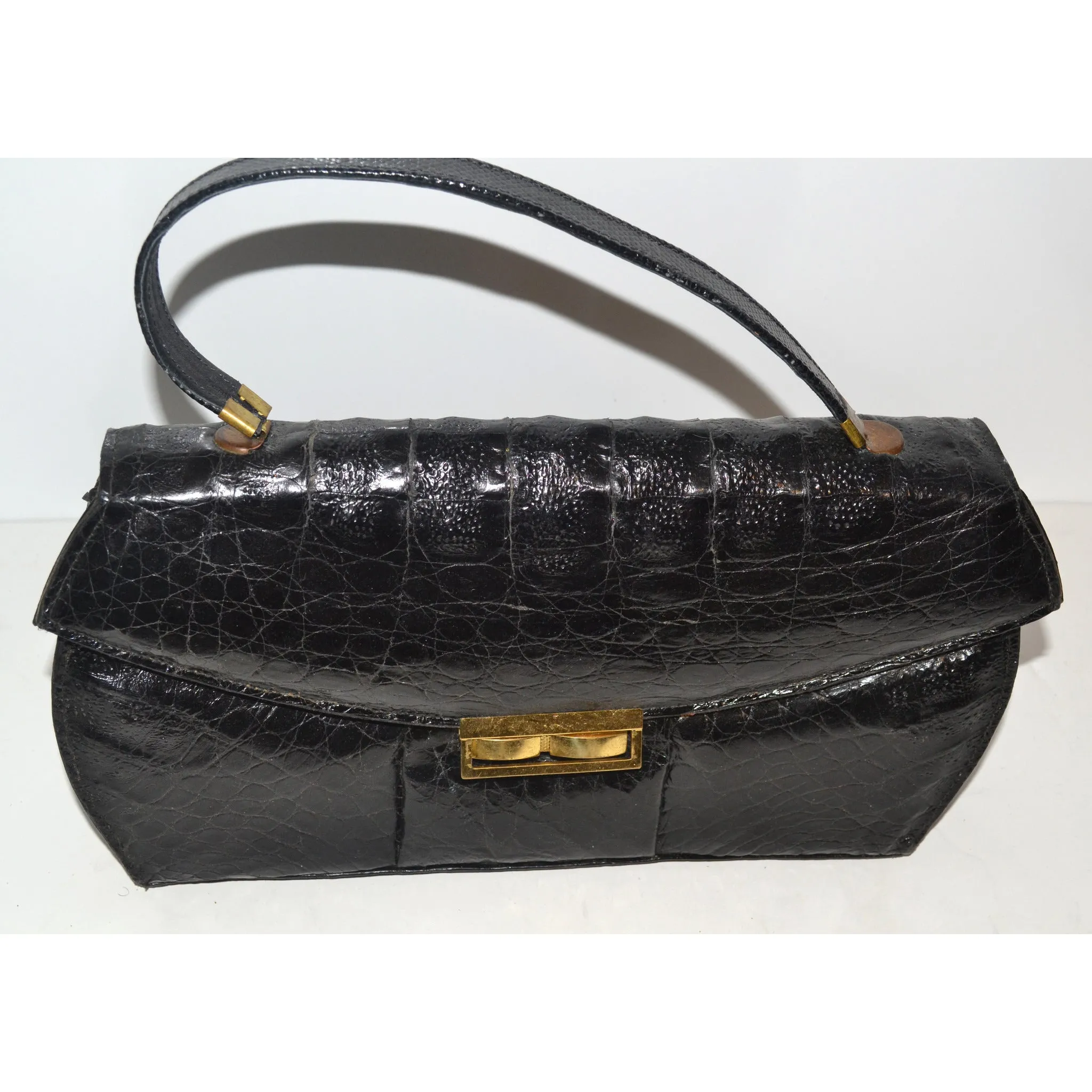 Black Curved Genuine Alligator Purse