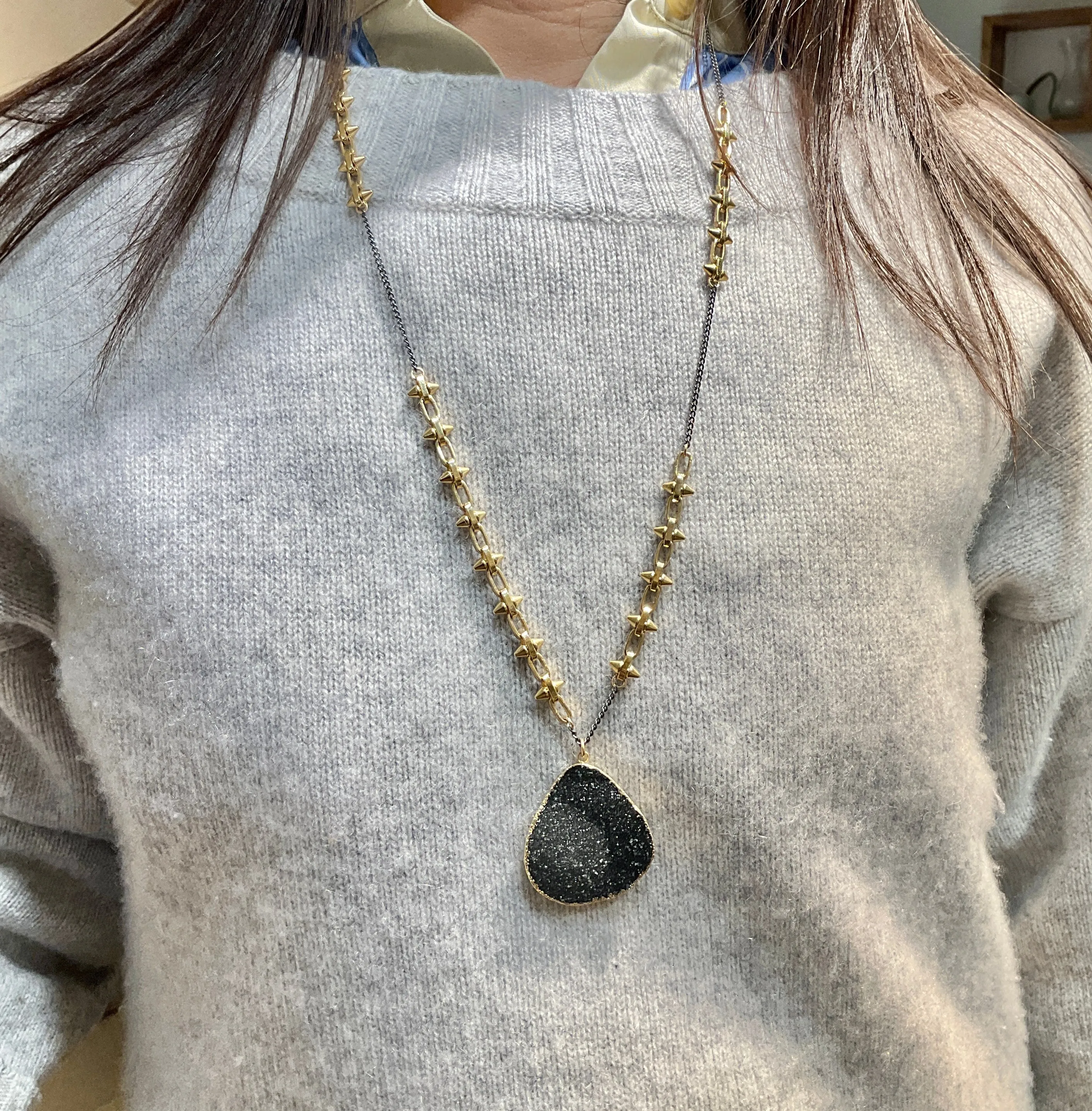 Black Druzy Pendant Necklace