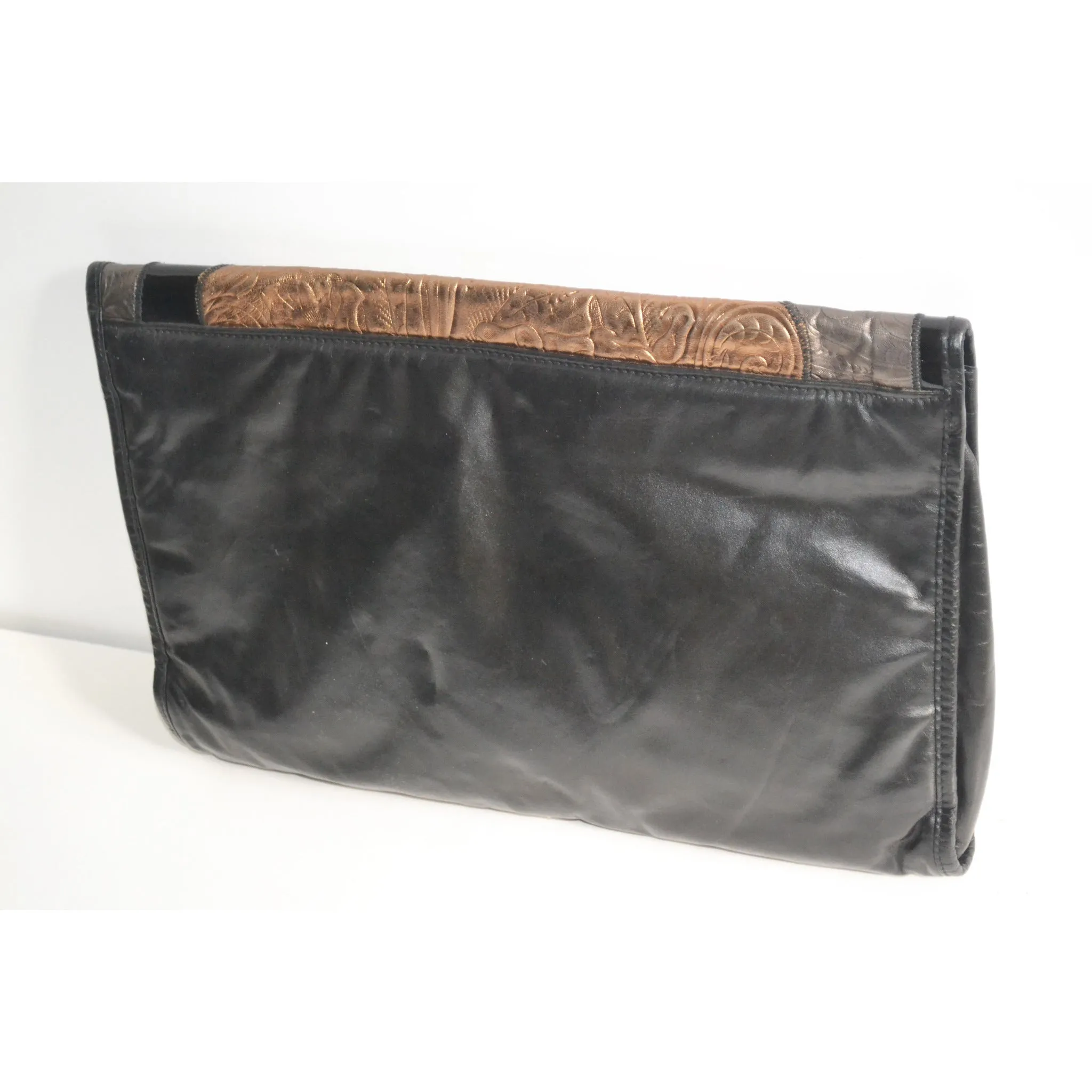 Black Leather Patched Clutch Purse By Miriam