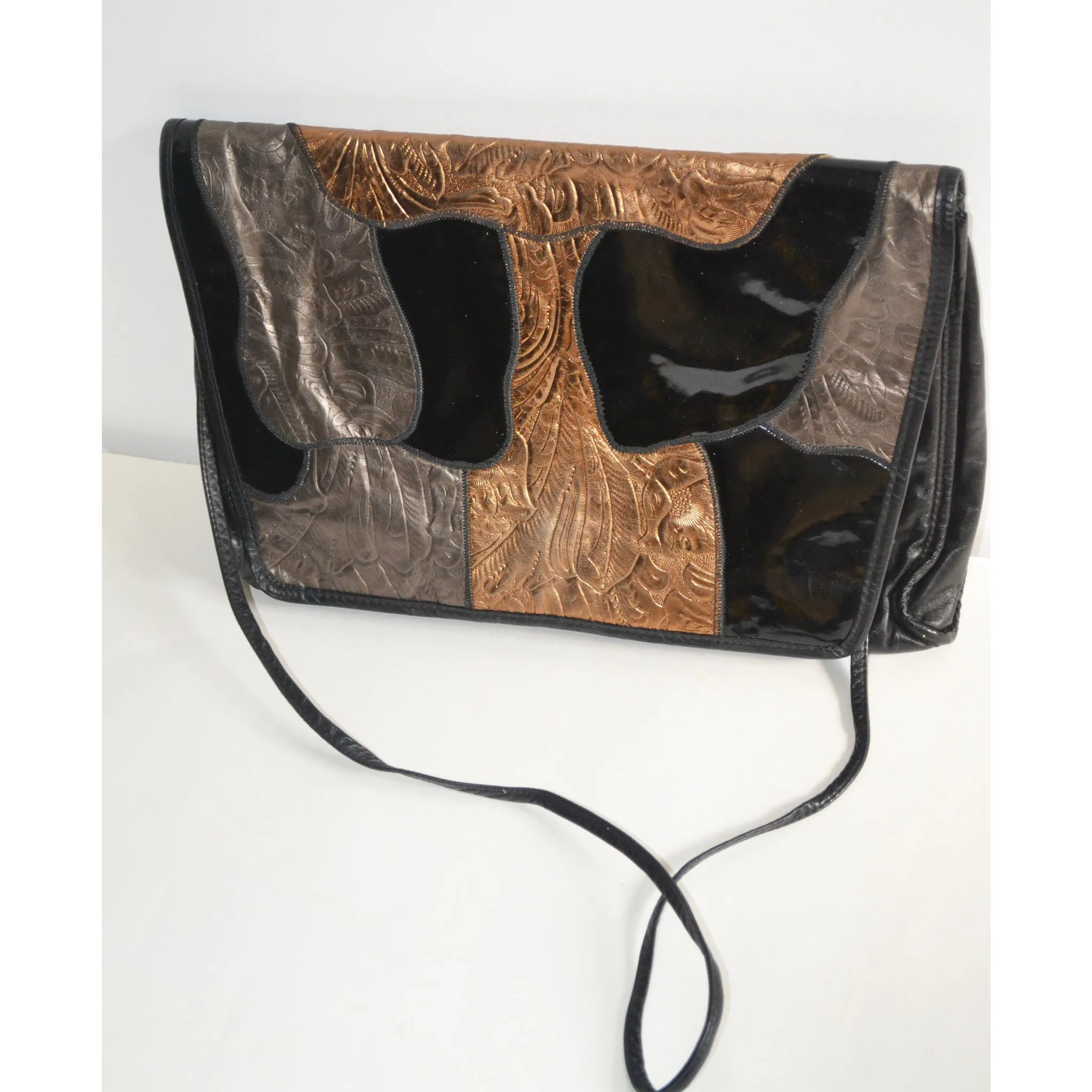 Black Leather Patched Clutch Purse By Miriam