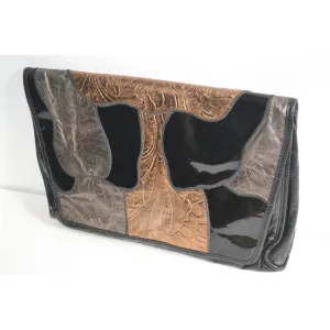 Black Leather Patched Clutch Purse By Miriam