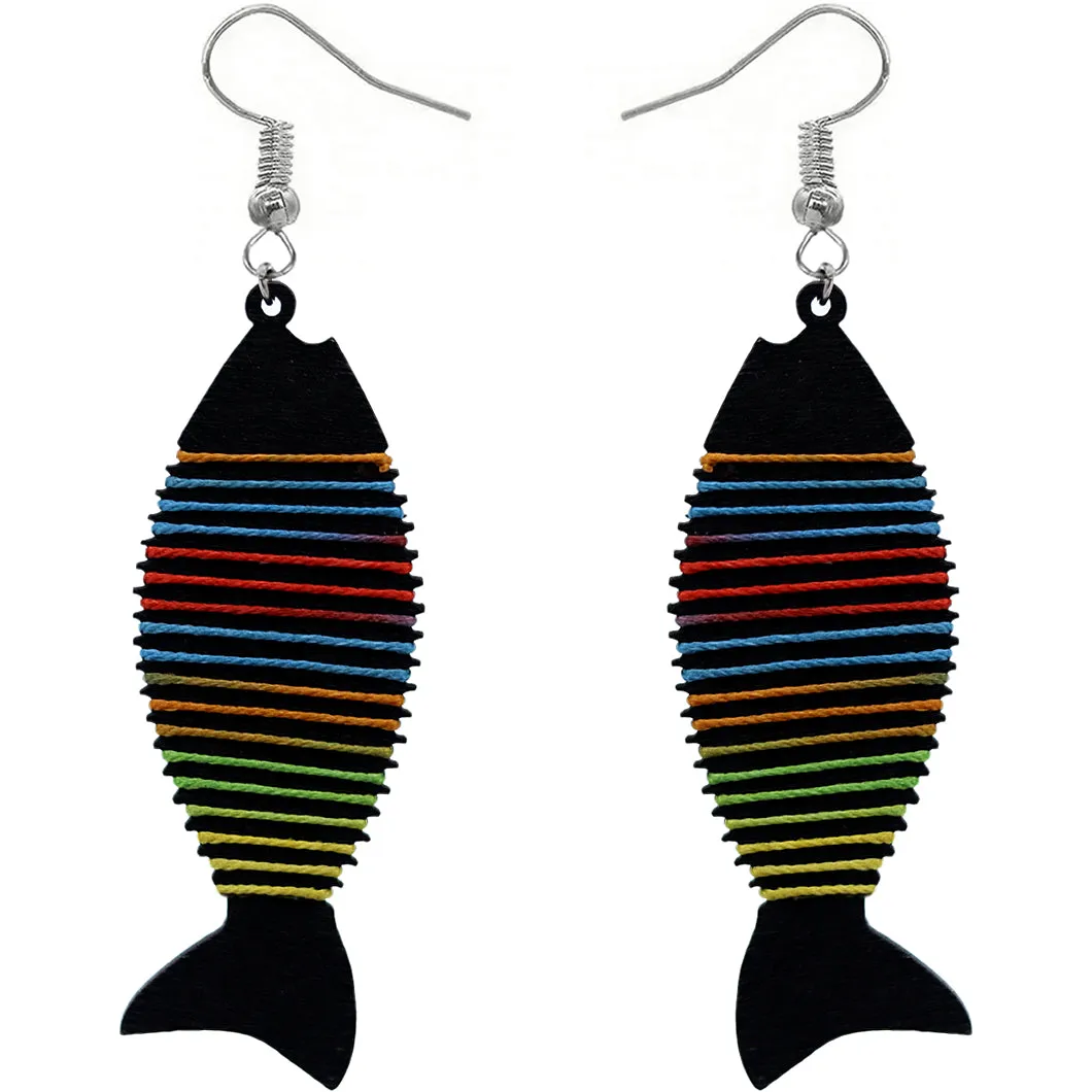 Black Multicolor Wooden Woven Fish Earrings