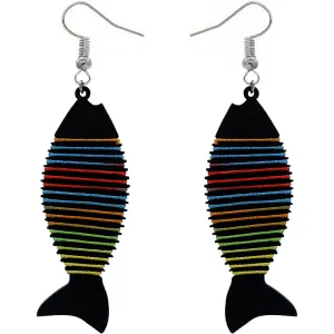 Black Multicolor Wooden Woven Fish Earrings