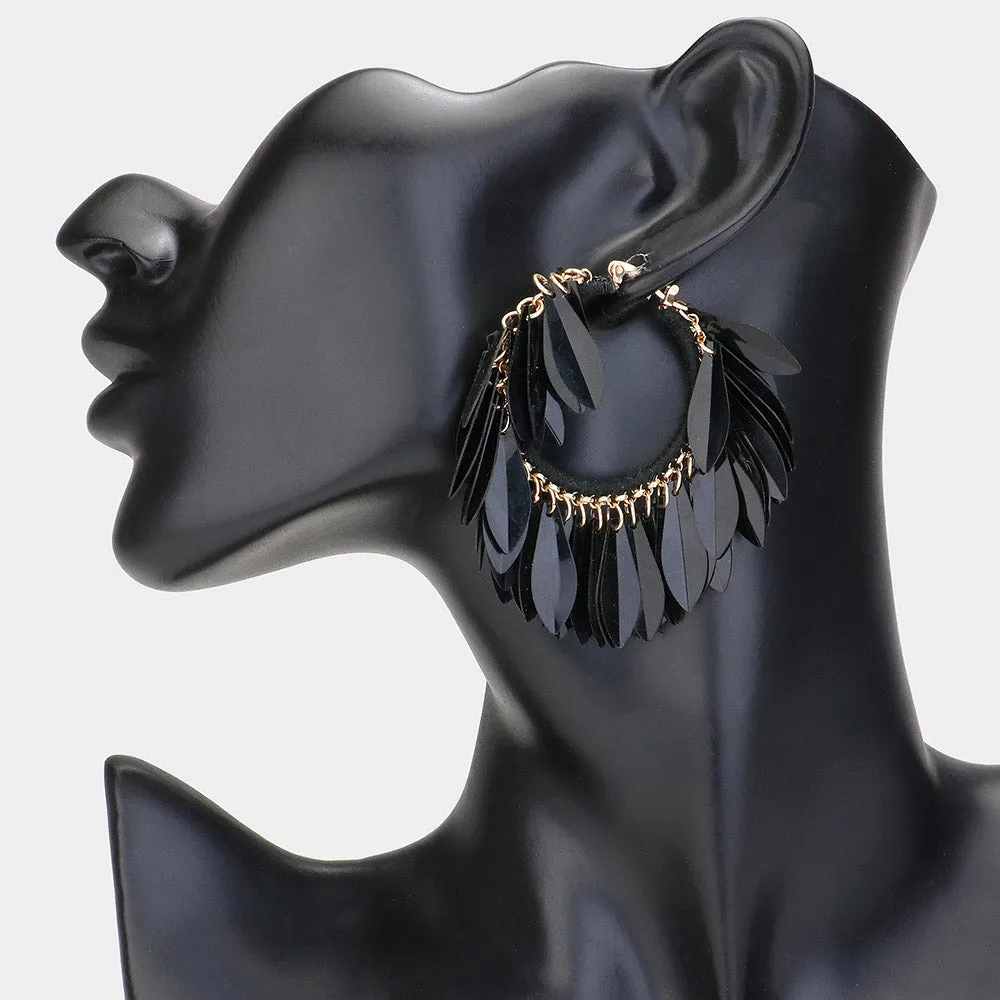 Black Sequin Fringe Hoop Fun Fashion Earrings | 2.5" | 618524