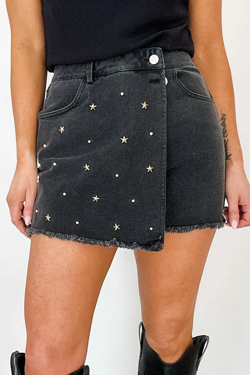 Black Star Studded Raw Hem High Waist Denim Shorts