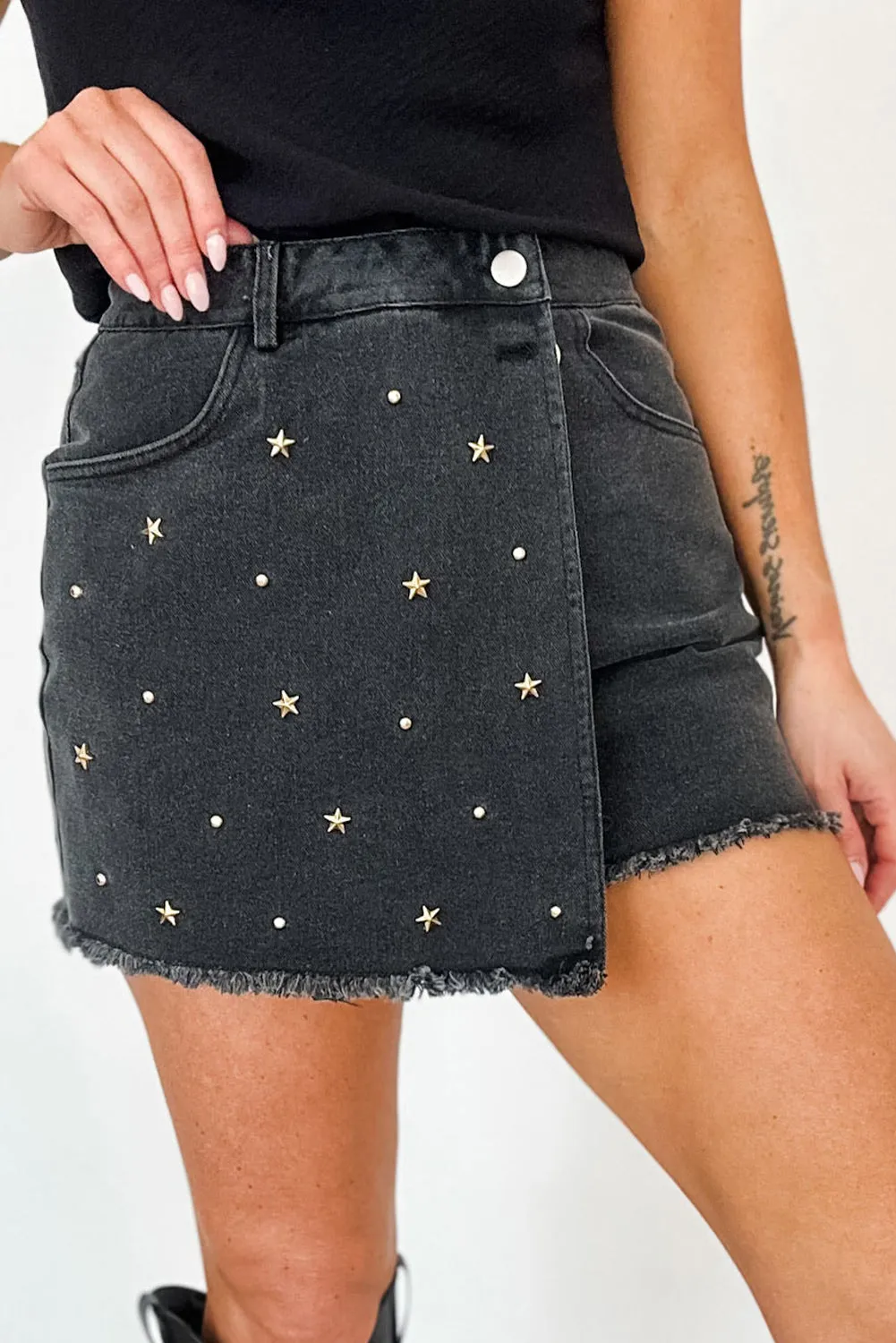 Black Star Studded Raw Hem High Waist Denim Shorts