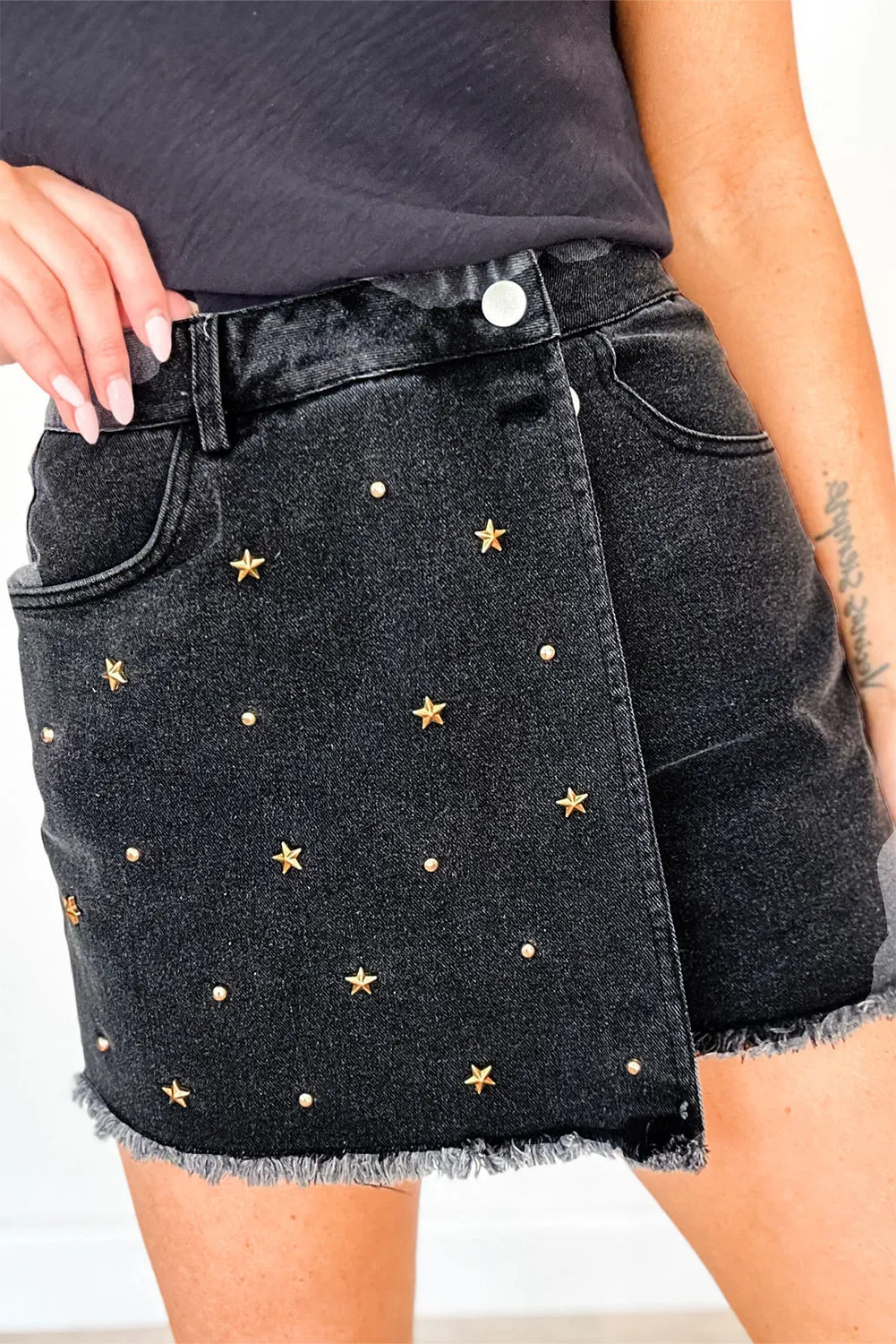 Black Star Studded Raw Hem High Waist Denim Shorts