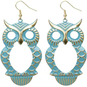 Blue Cutout Dangle Hoot Owl Earrings