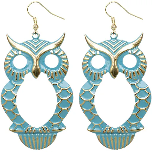Blue Cutout Dangle Hoot Owl Earrings