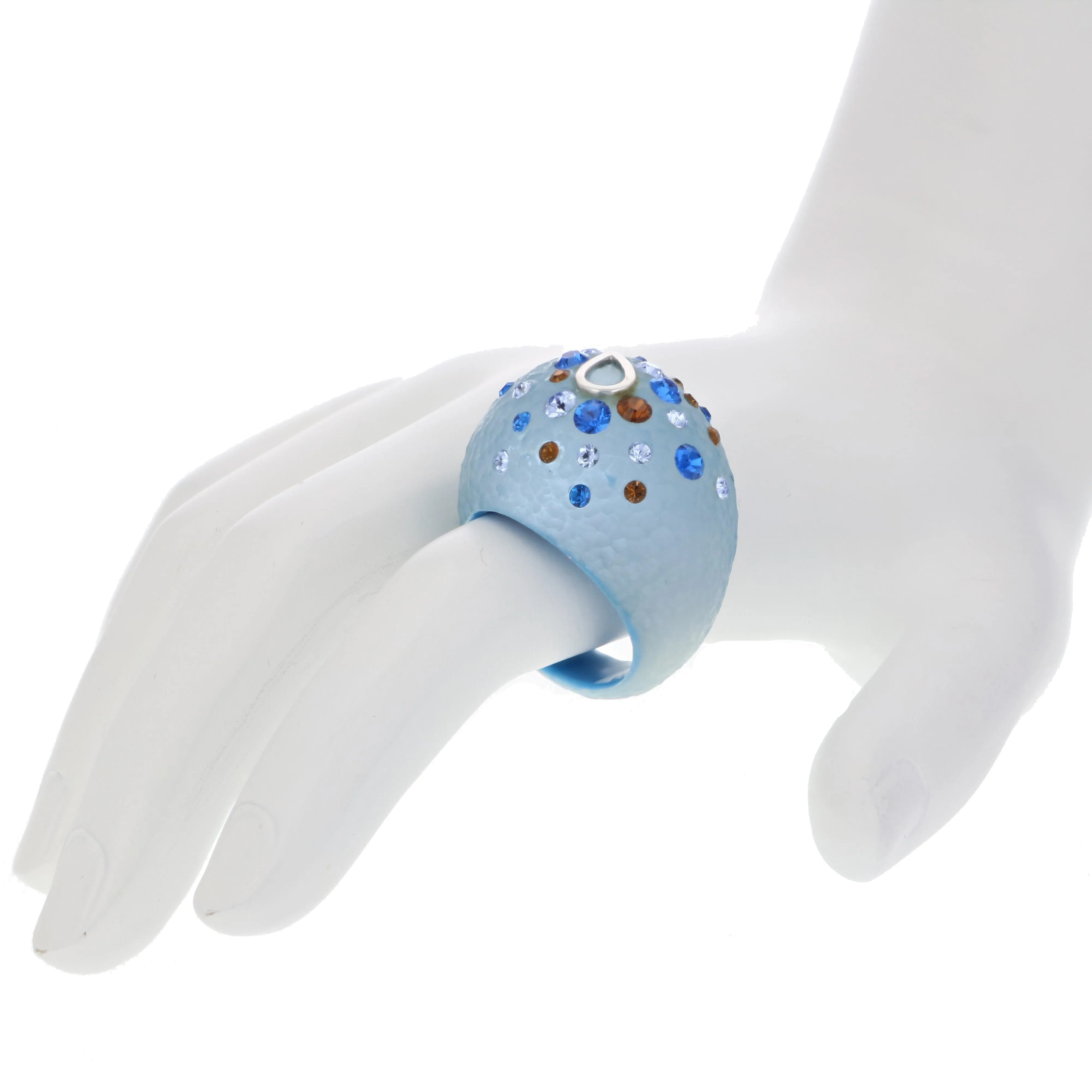 Blue Lucite Ring With Multi Color Crystals Size 7