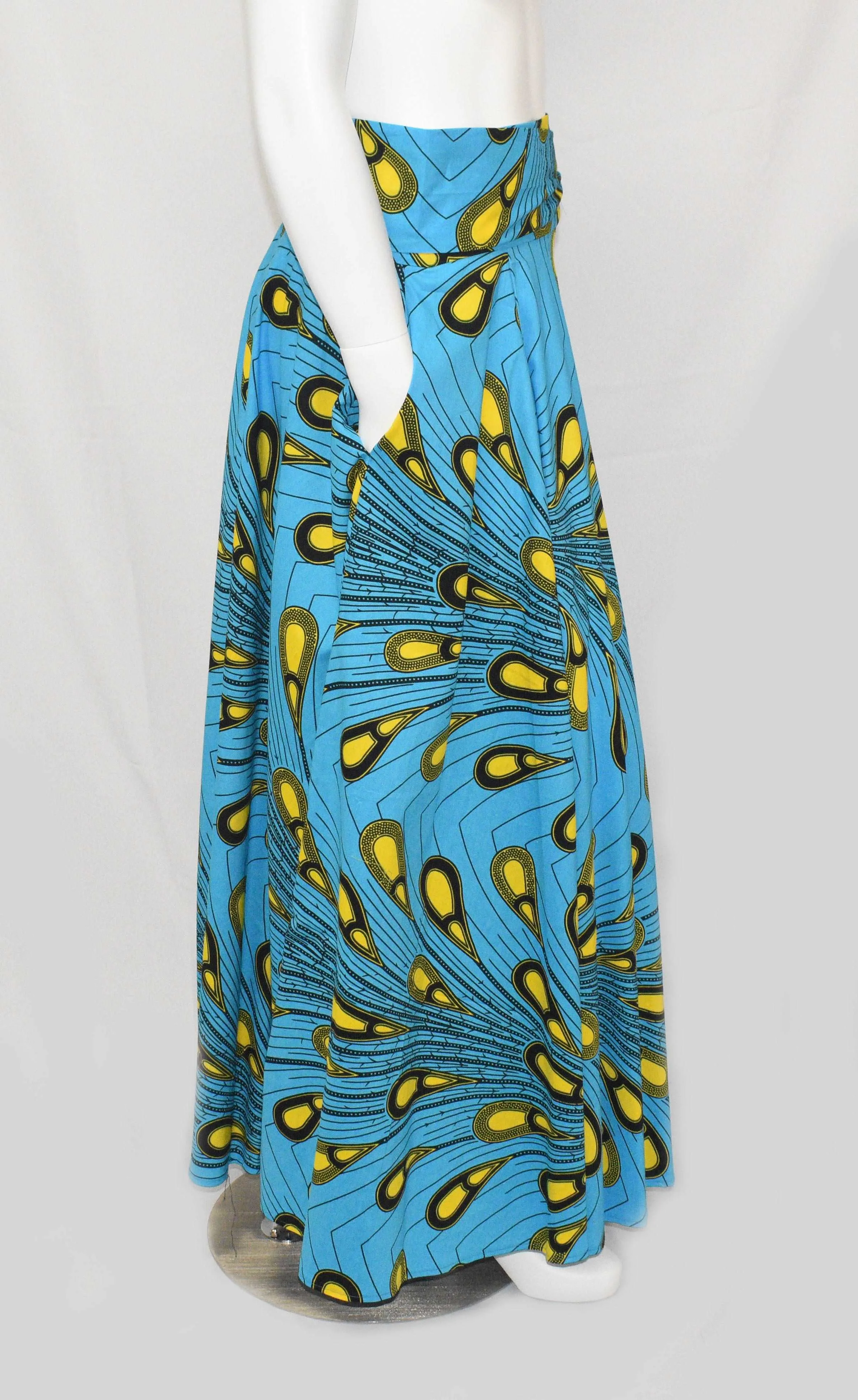 Blue Yellow Tear Drop Floor Length Maxi Skirt