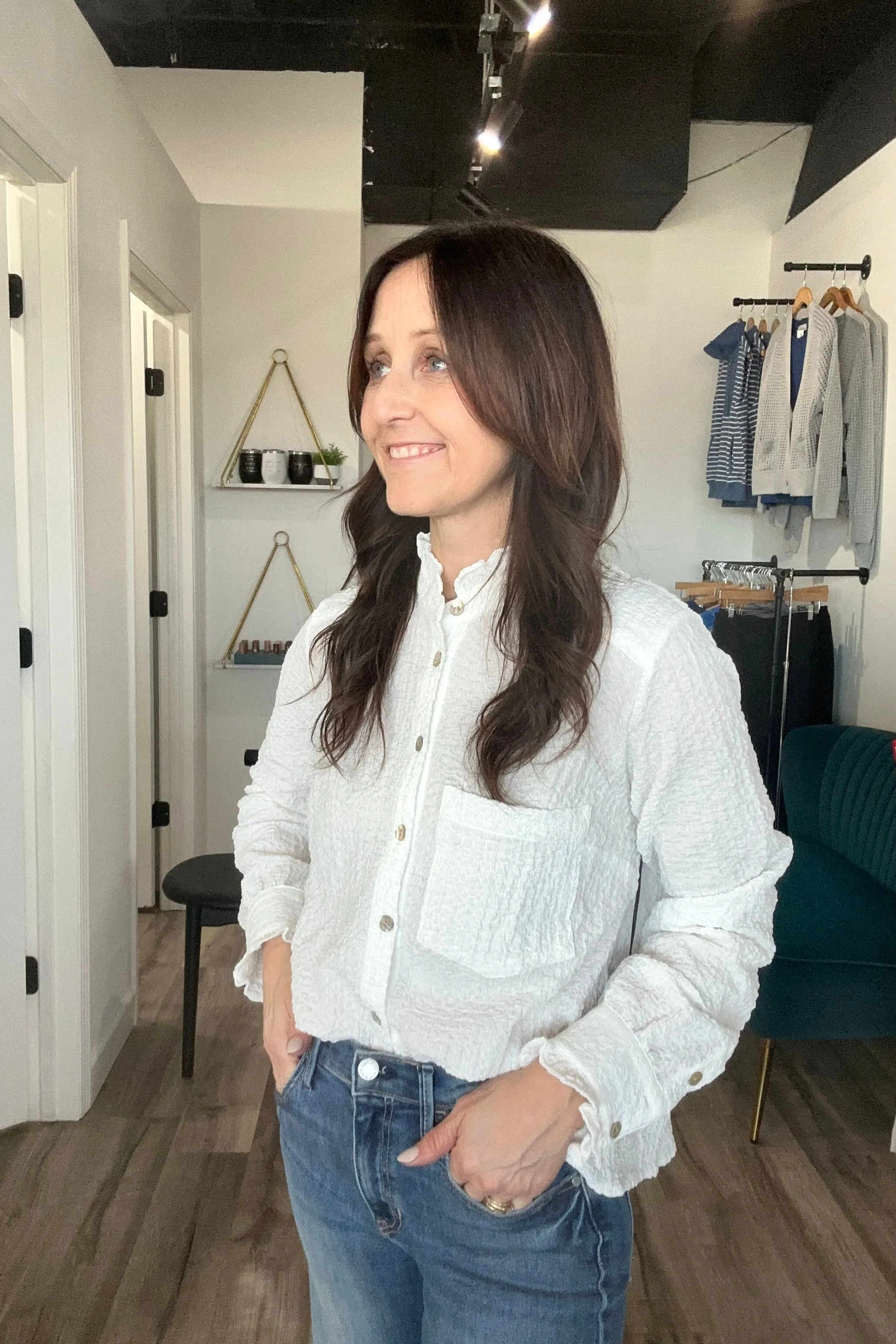 Breanna Ruffle Detail White Button Down