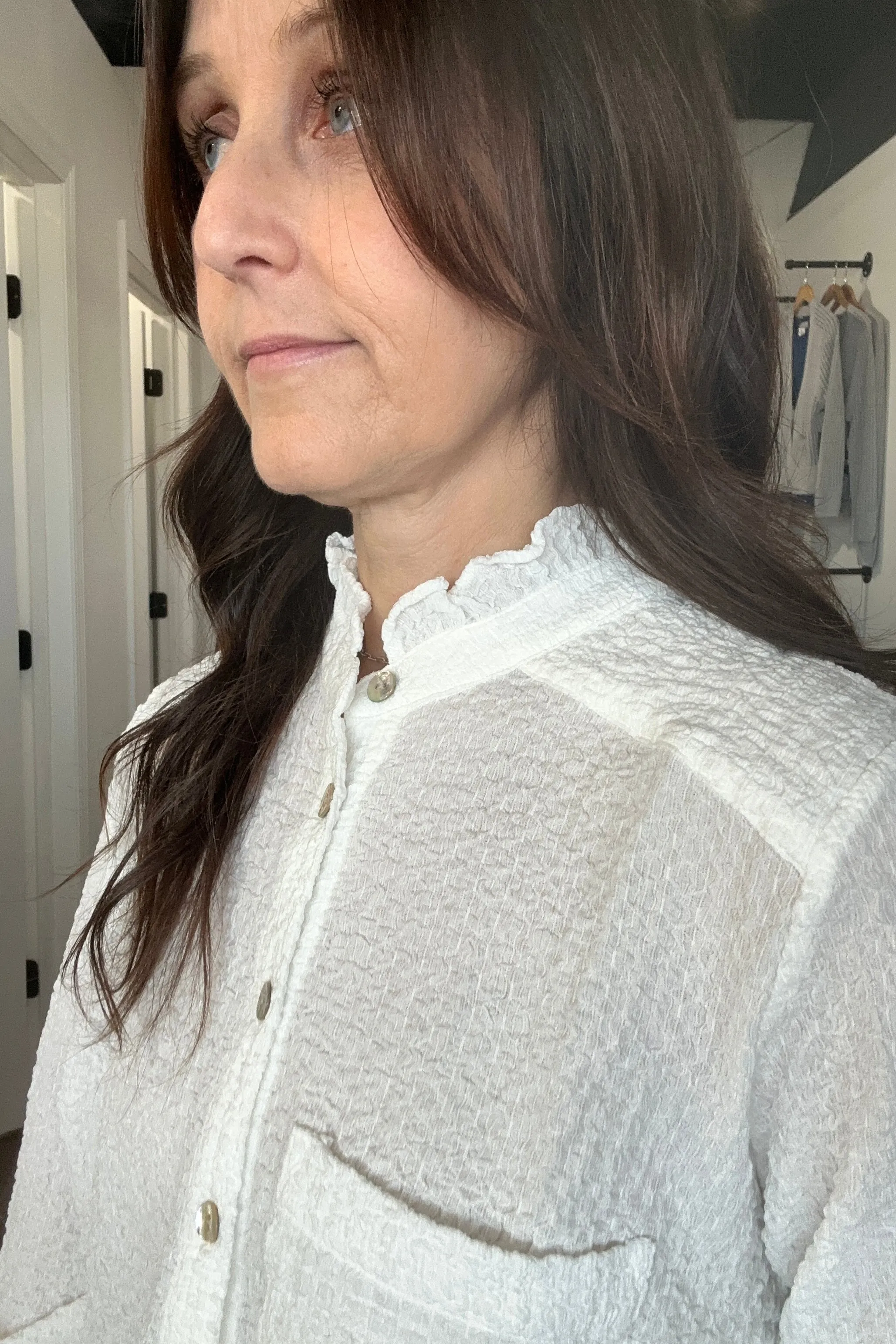 Breanna Ruffle Detail White Button Down