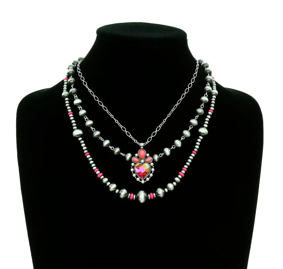 Brevard Rhinestone Navajo Chain & Bead Triple Strand Heart Necklace Set - Turquoise