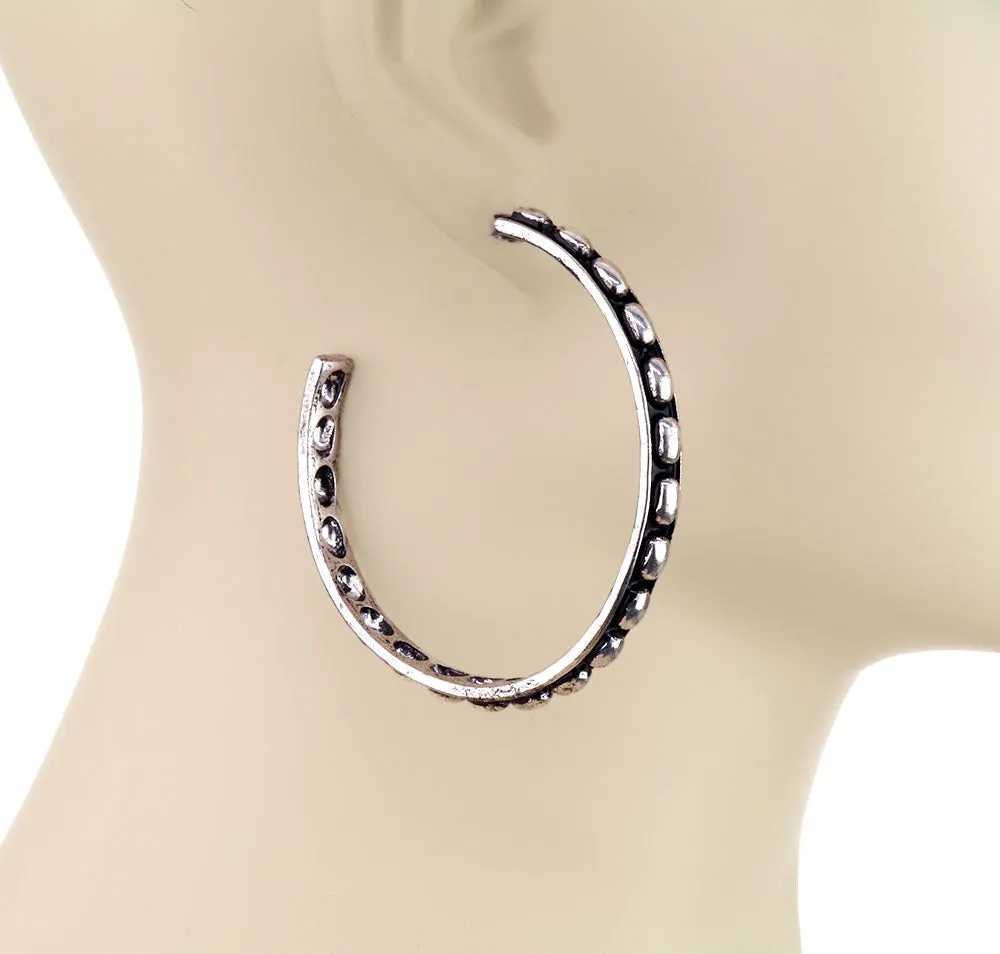 Brigette Fashion Silver Studded Hoop Earrings - 2.25"