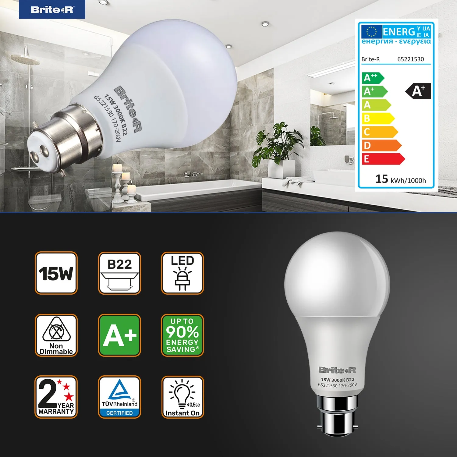 Brite-R 15W B22 BC GLS LED Bulb Warm White 3000K