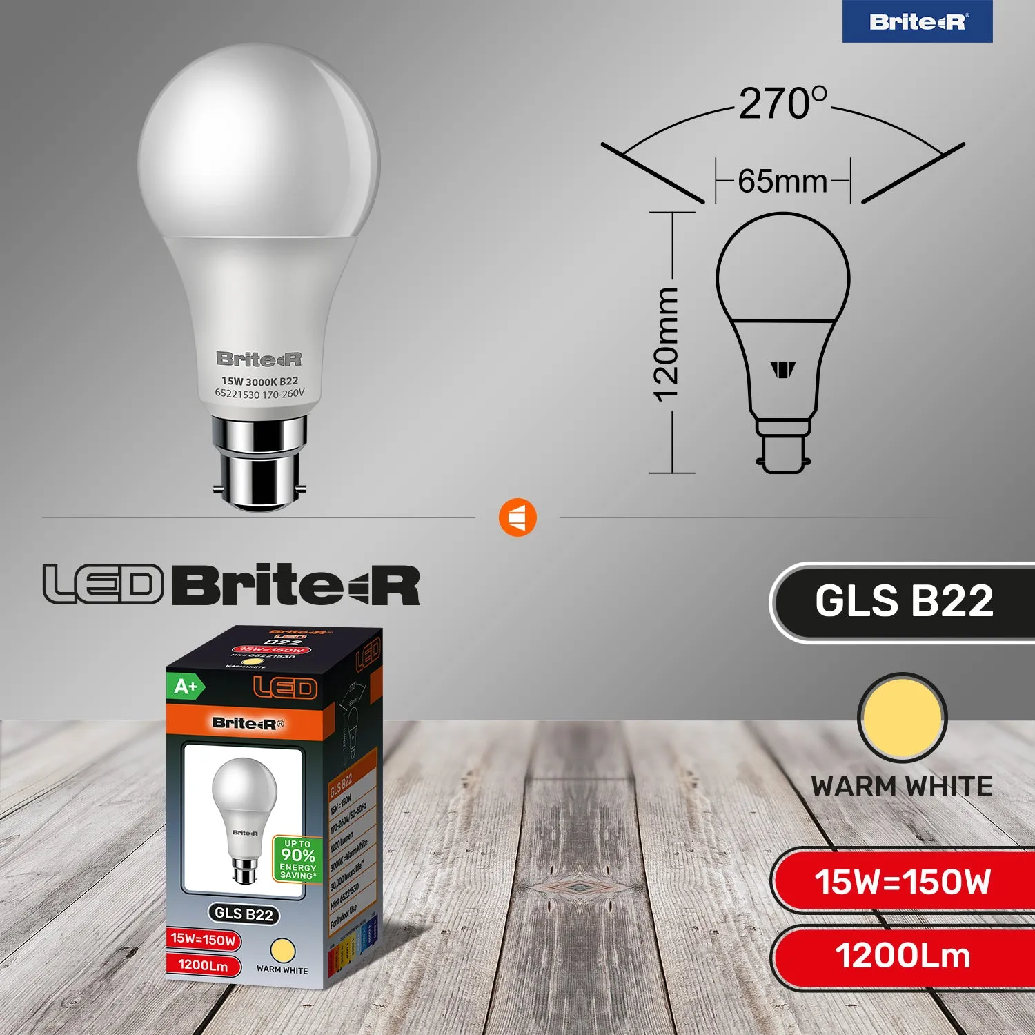 Brite-R 15W B22 BC GLS LED Bulb Warm White 3000K