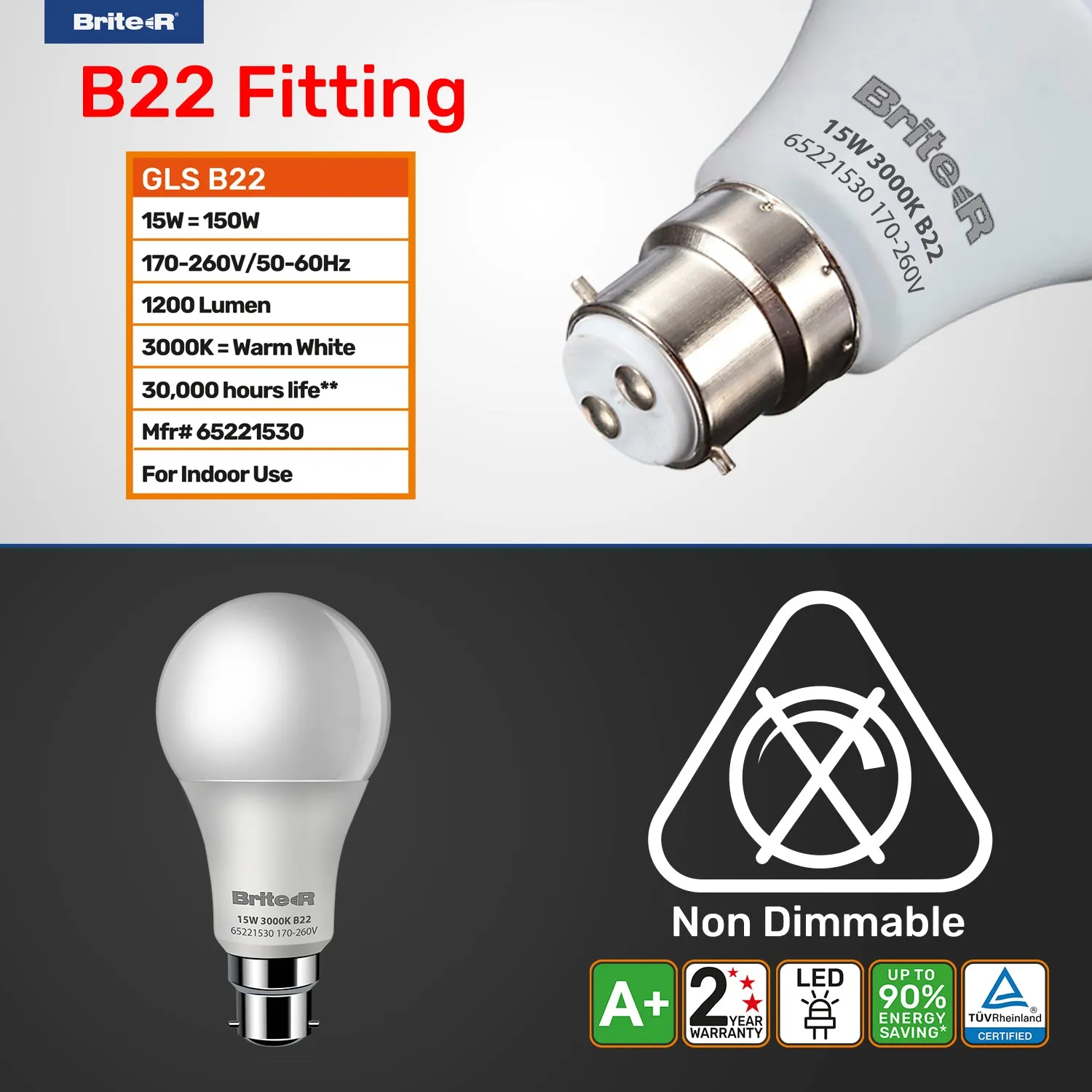 Brite-R 15W B22 BC GLS LED Bulb Warm White 3000K