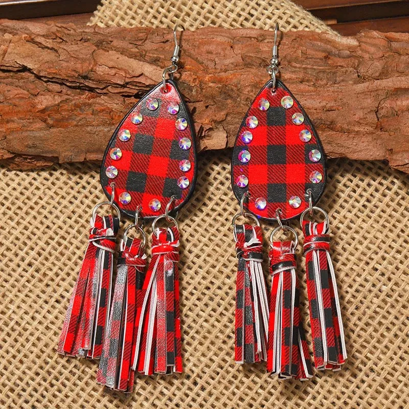 Buffalo Plaid Tartan Studded Chandelier Earrings
