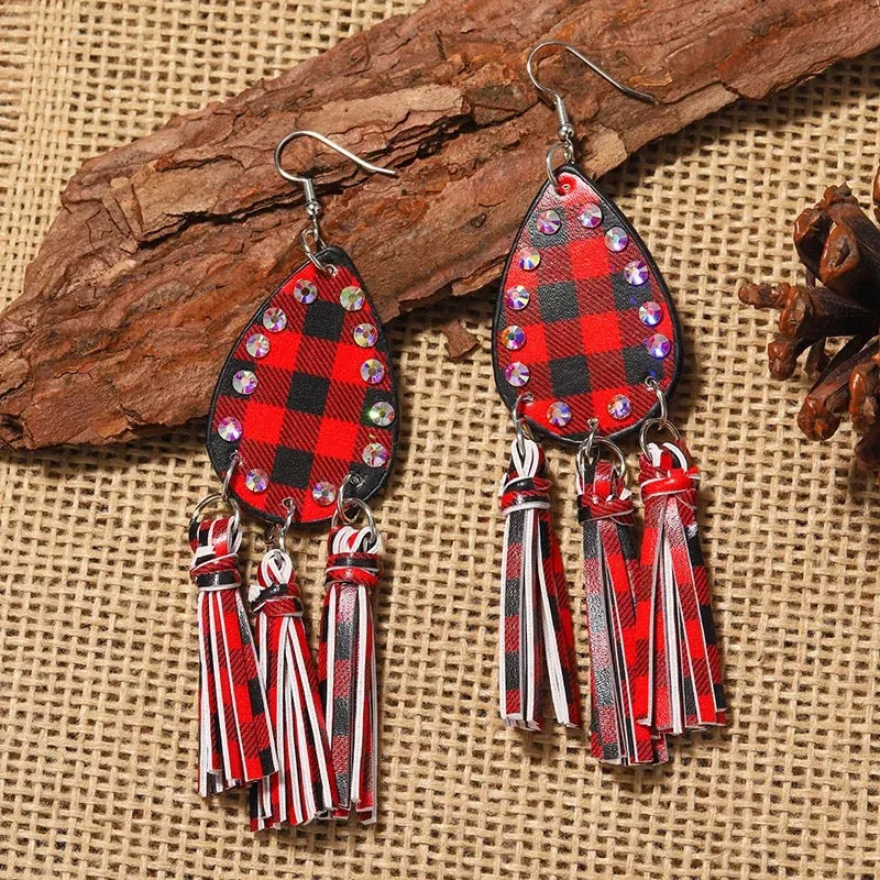 Buffalo Plaid Tartan Studded Chandelier Earrings
