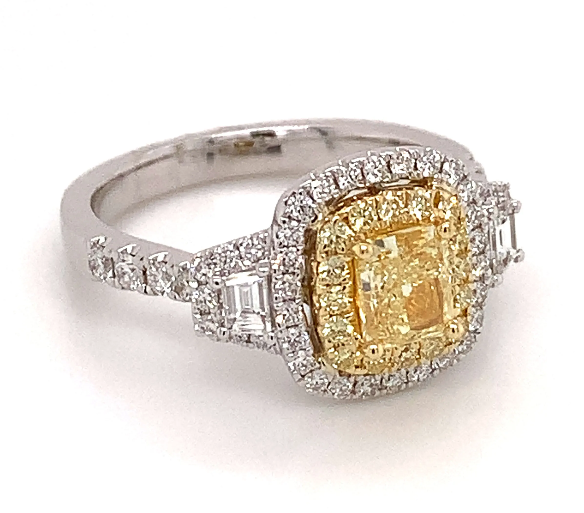 Canary Fancy Yellow Cushion Cut Halo Ring Three Stone