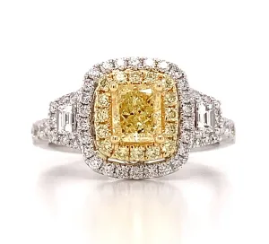 Canary Fancy Yellow Cushion Cut Halo Ring Three Stone