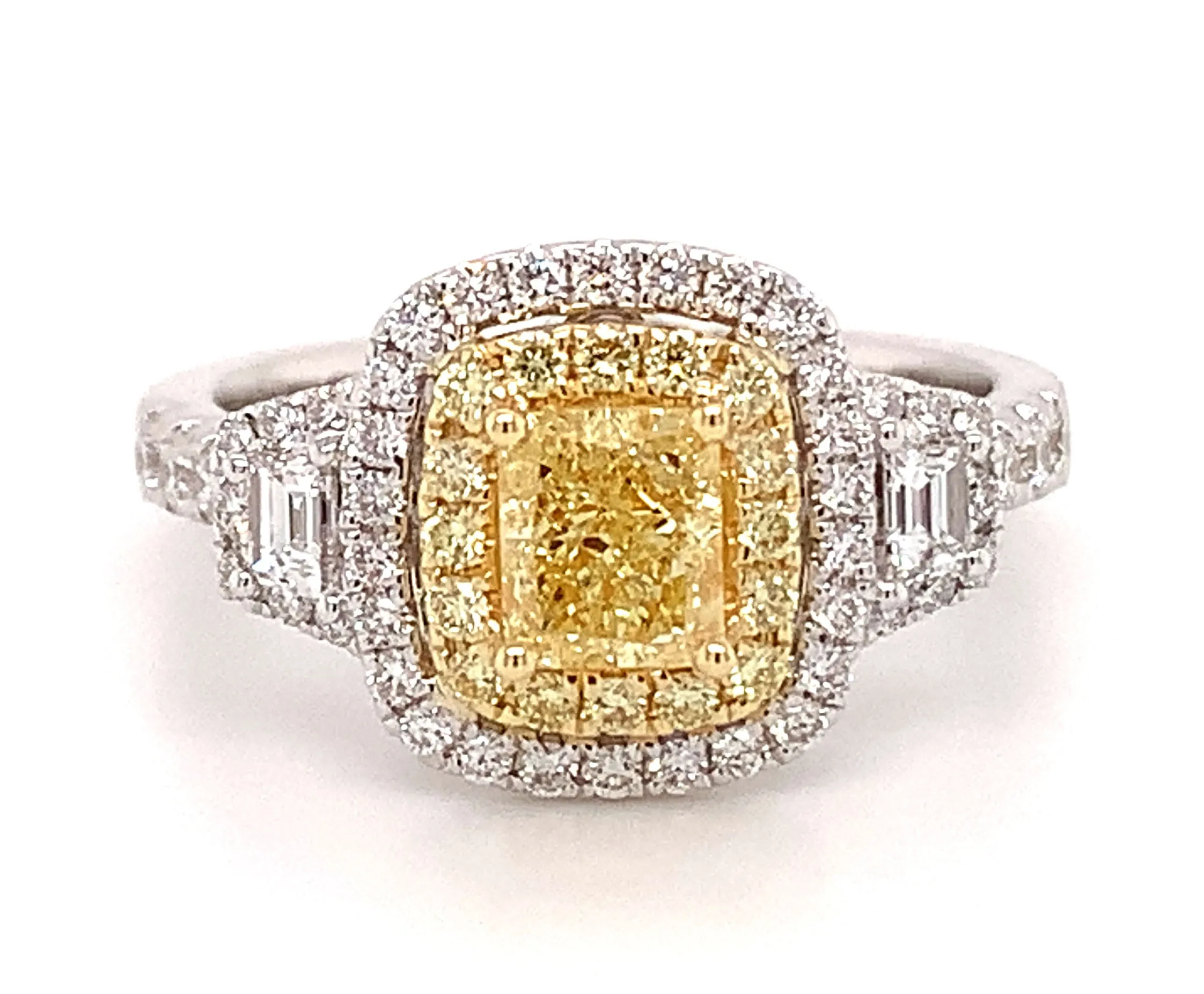 Canary Fancy Yellow Cushion Cut Halo Ring Three Stone