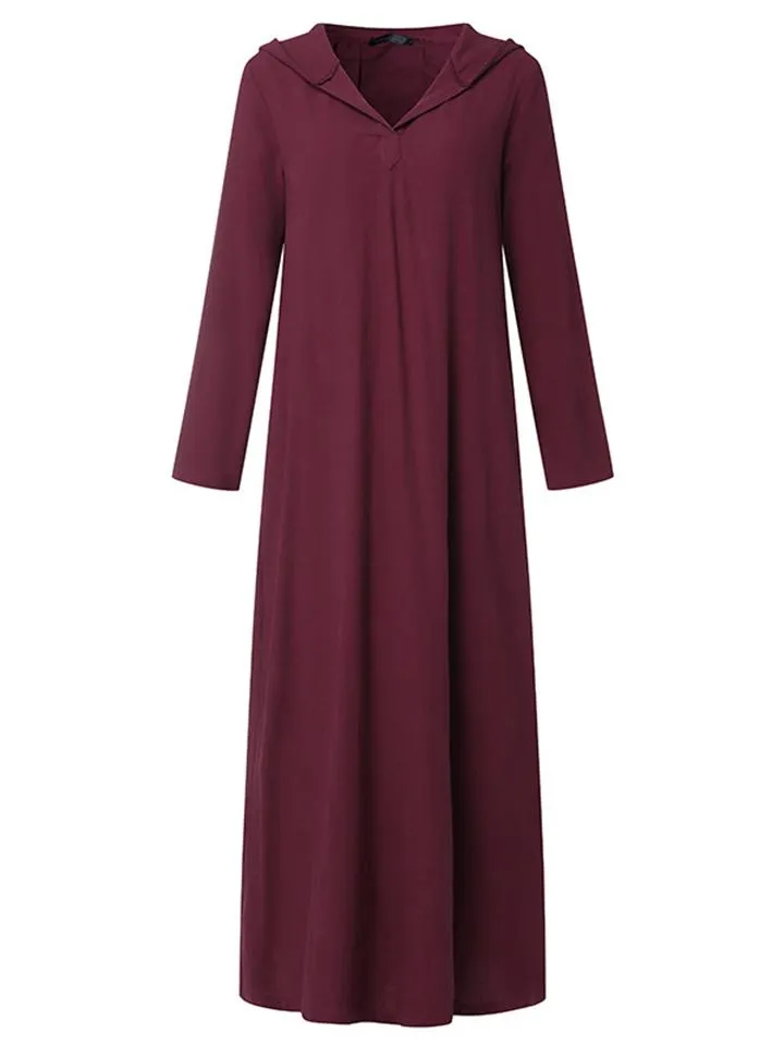 Casual Style Cotton Linen Solid Color Pocket Hooded Maxi Dress