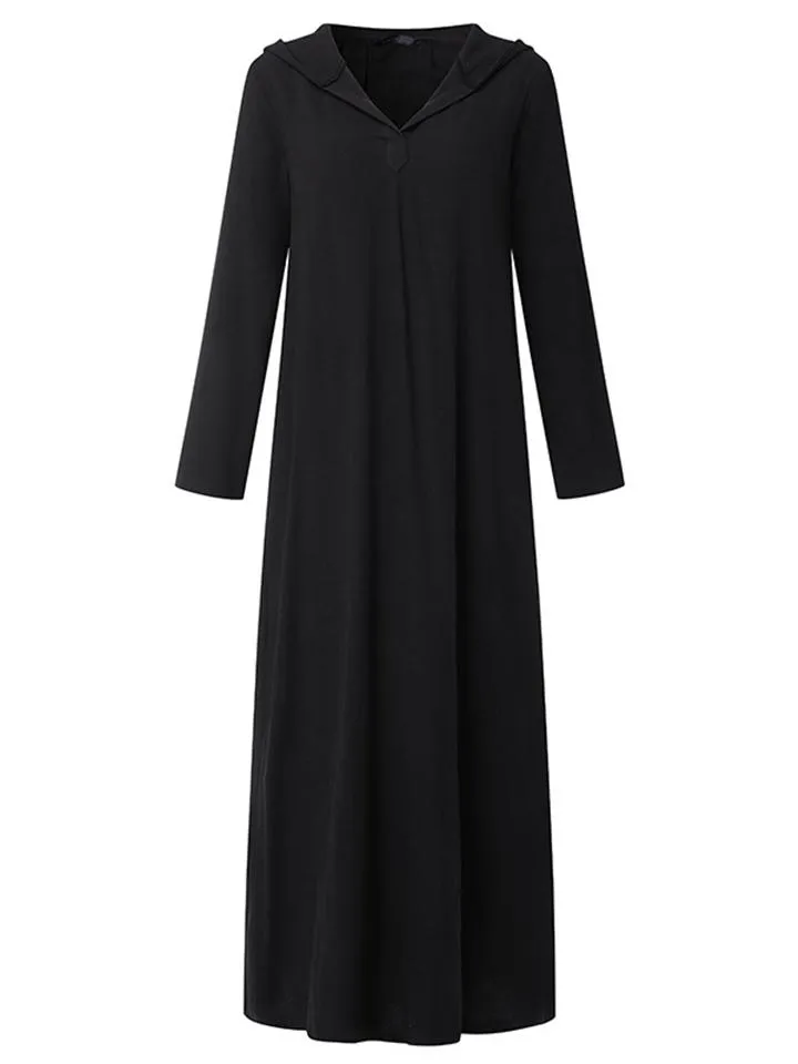 Casual Style Cotton Linen Solid Color Pocket Hooded Maxi Dress