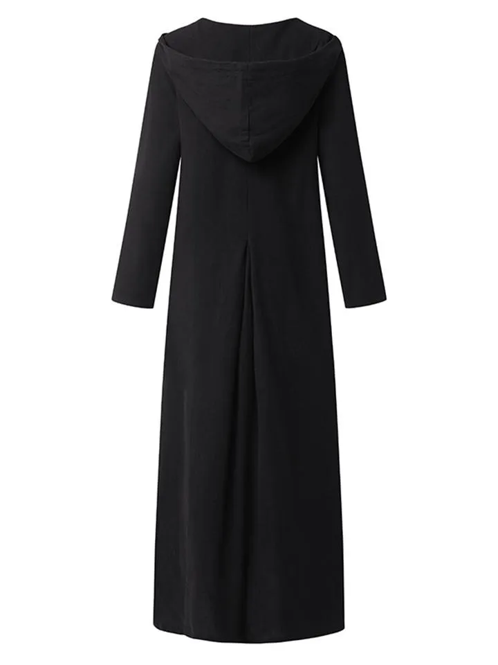 Casual Style Cotton Linen Solid Color Pocket Hooded Maxi Dress