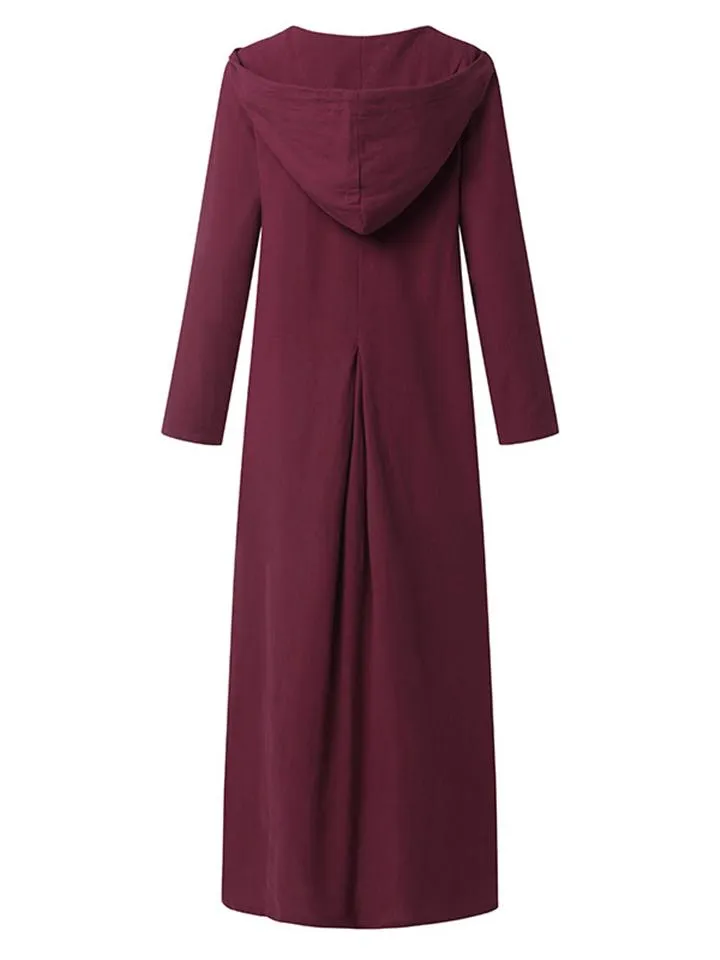 Casual Style Cotton Linen Solid Color Pocket Hooded Maxi Dress