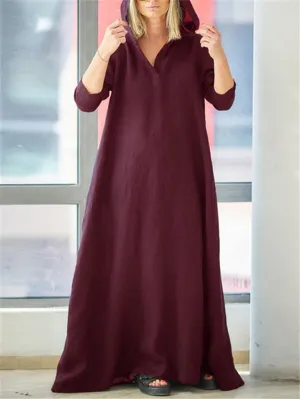 Casual Style Cotton Linen Solid Color Pocket Hooded Maxi Dress