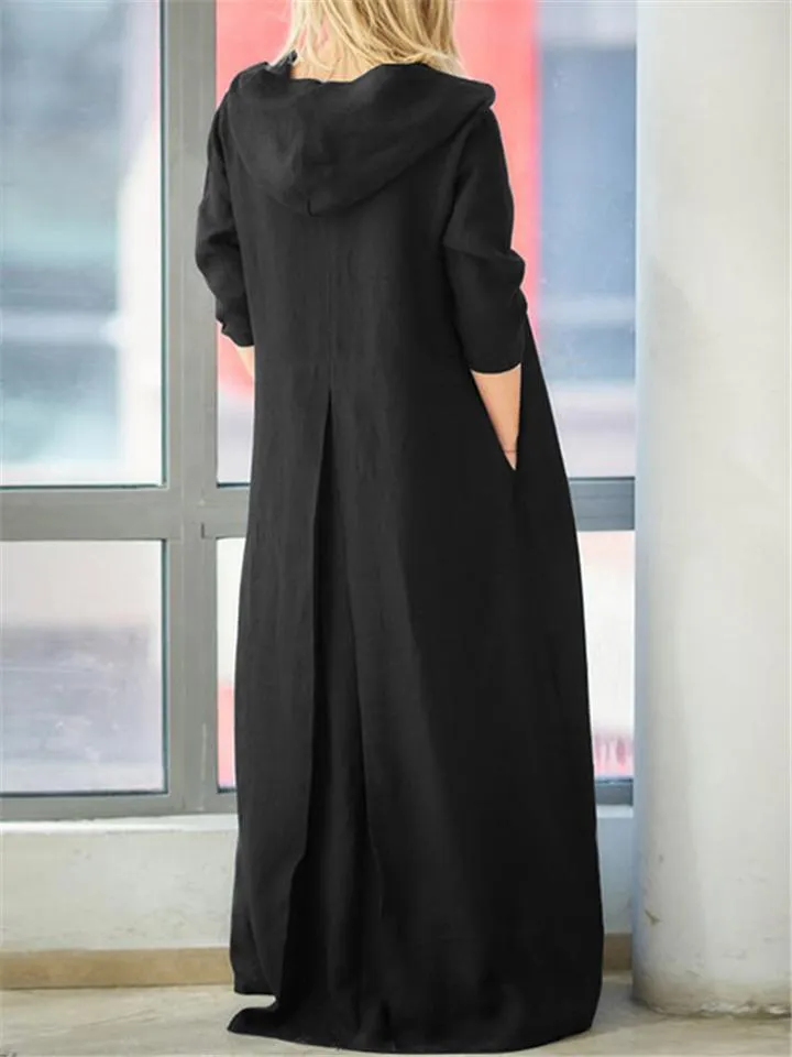 Casual Style Cotton Linen Solid Color Pocket Hooded Maxi Dress