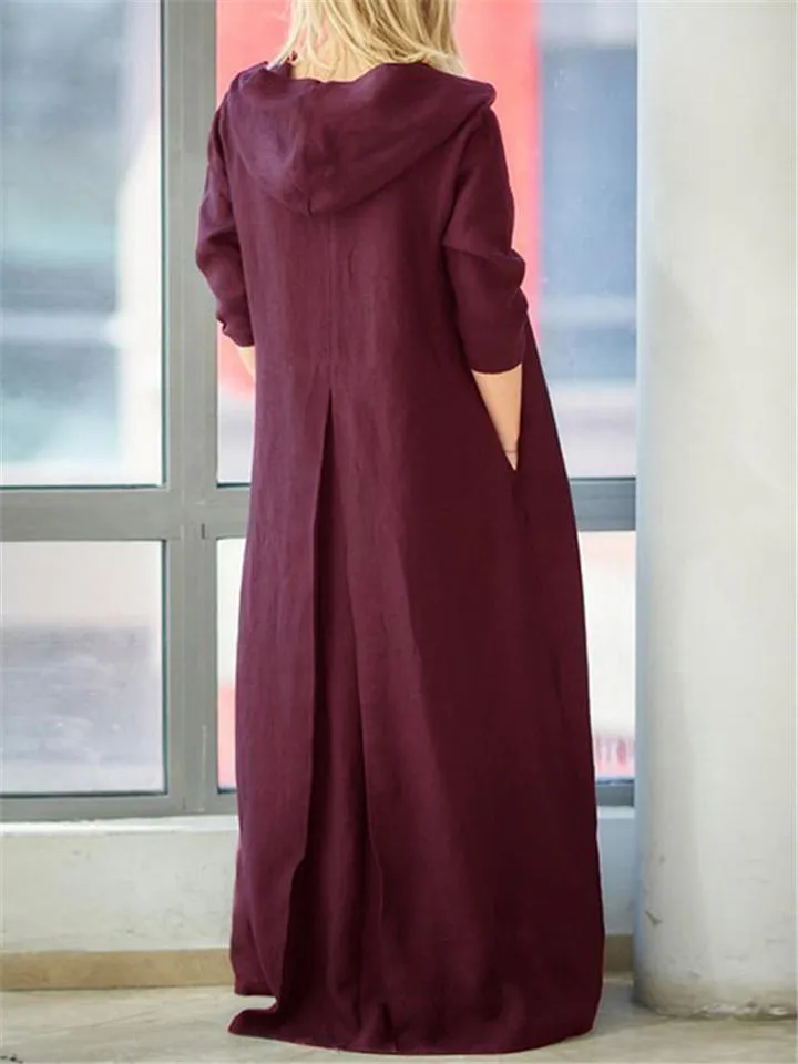 Casual Style Cotton Linen Solid Color Pocket Hooded Maxi Dress