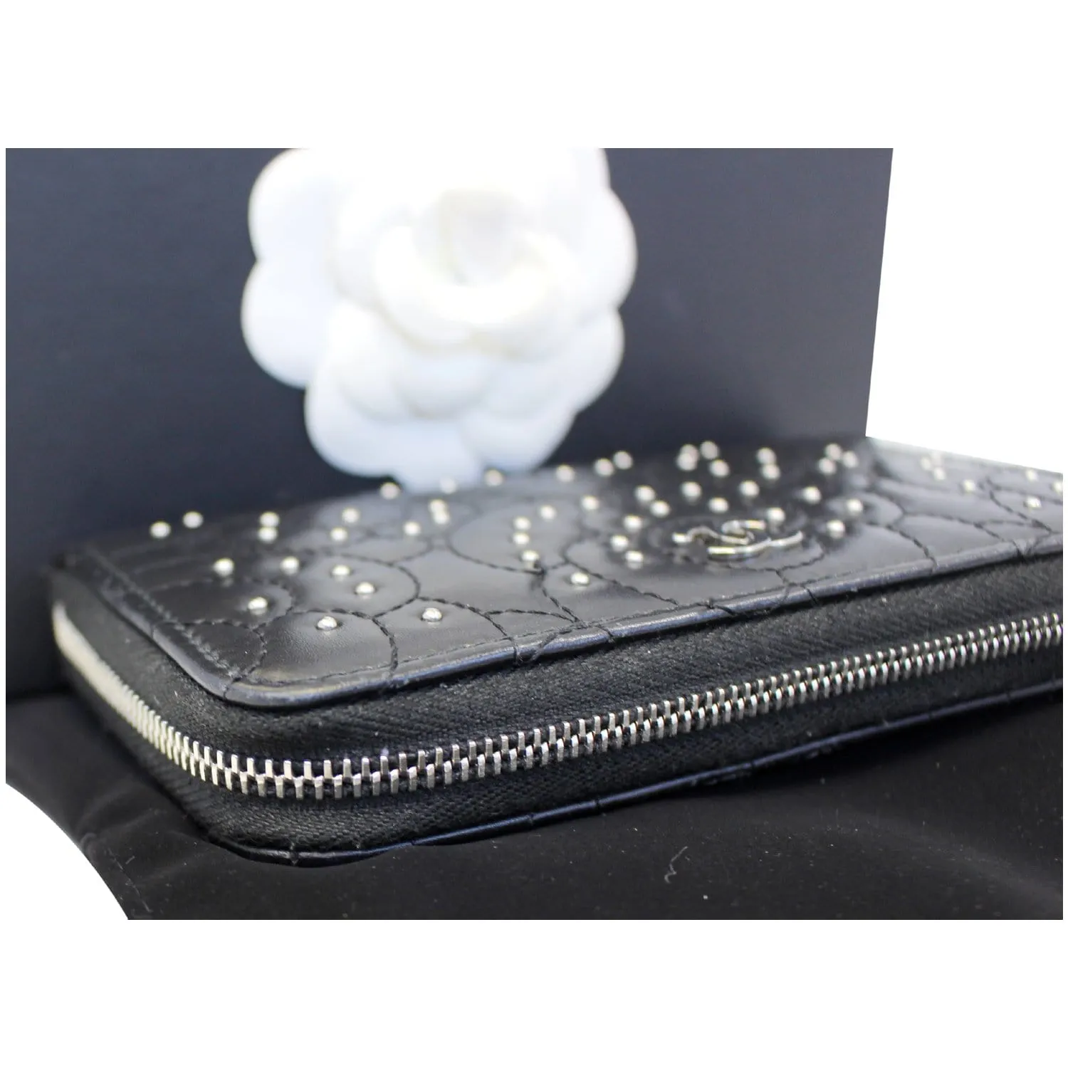 CHANEL Camellia Long Zippy studded Wallet Black
