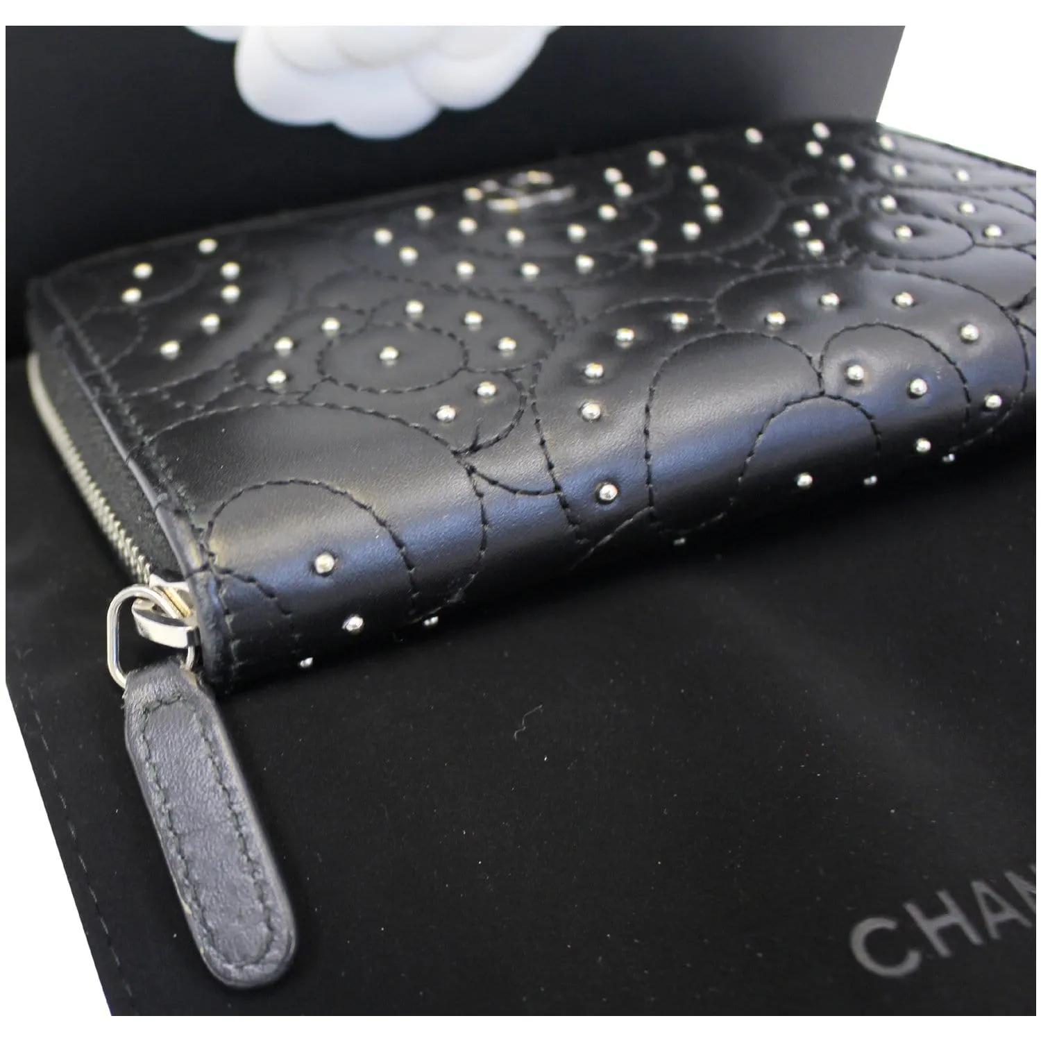CHANEL Camellia Long Zippy studded Wallet Black