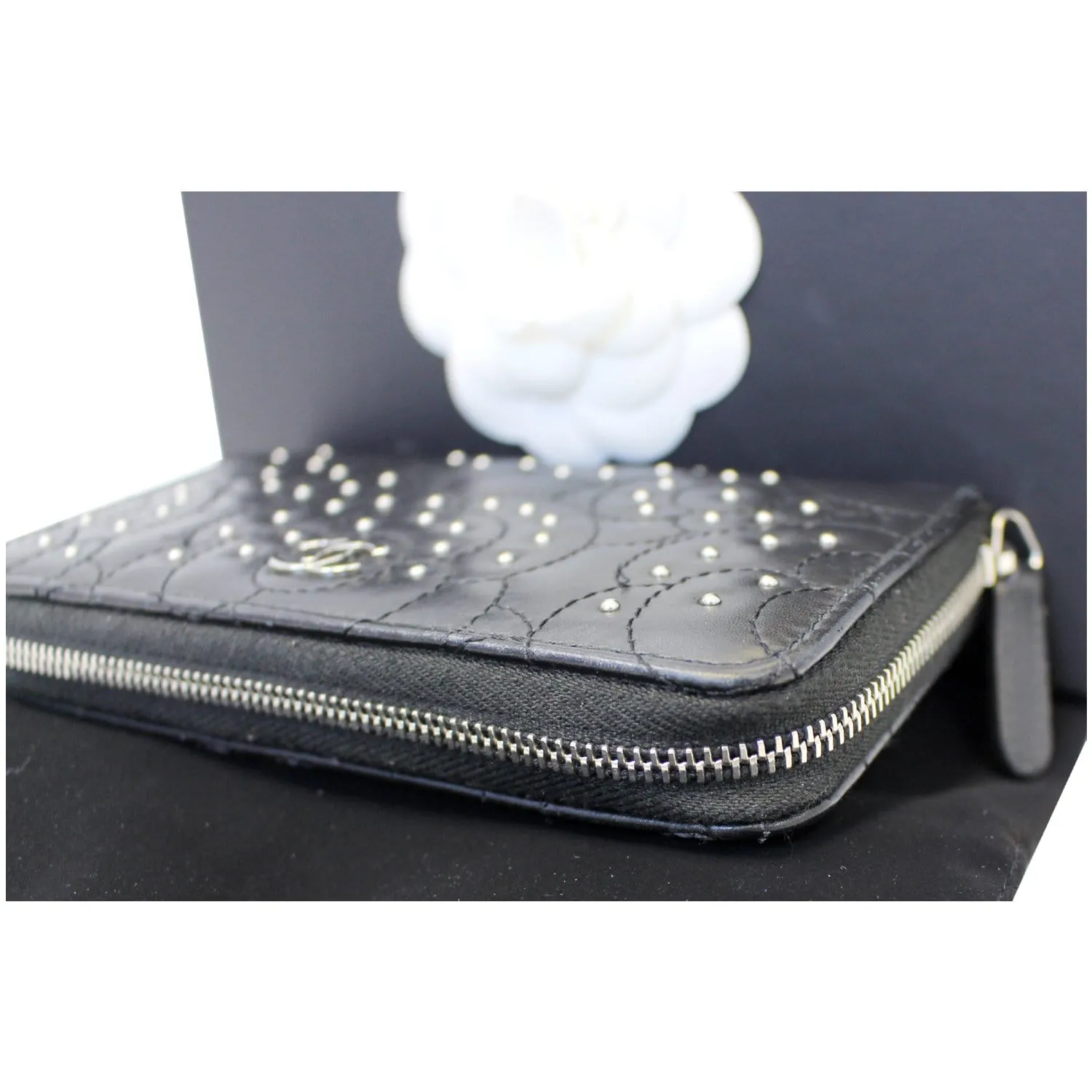 CHANEL Camellia Long Zippy studded Wallet Black