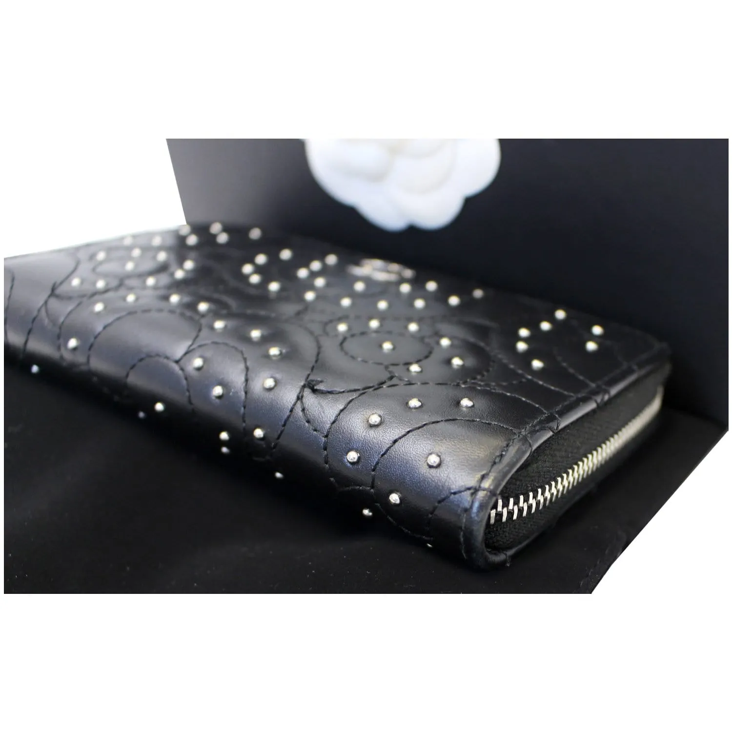 CHANEL Camellia Long Zippy studded Wallet Black